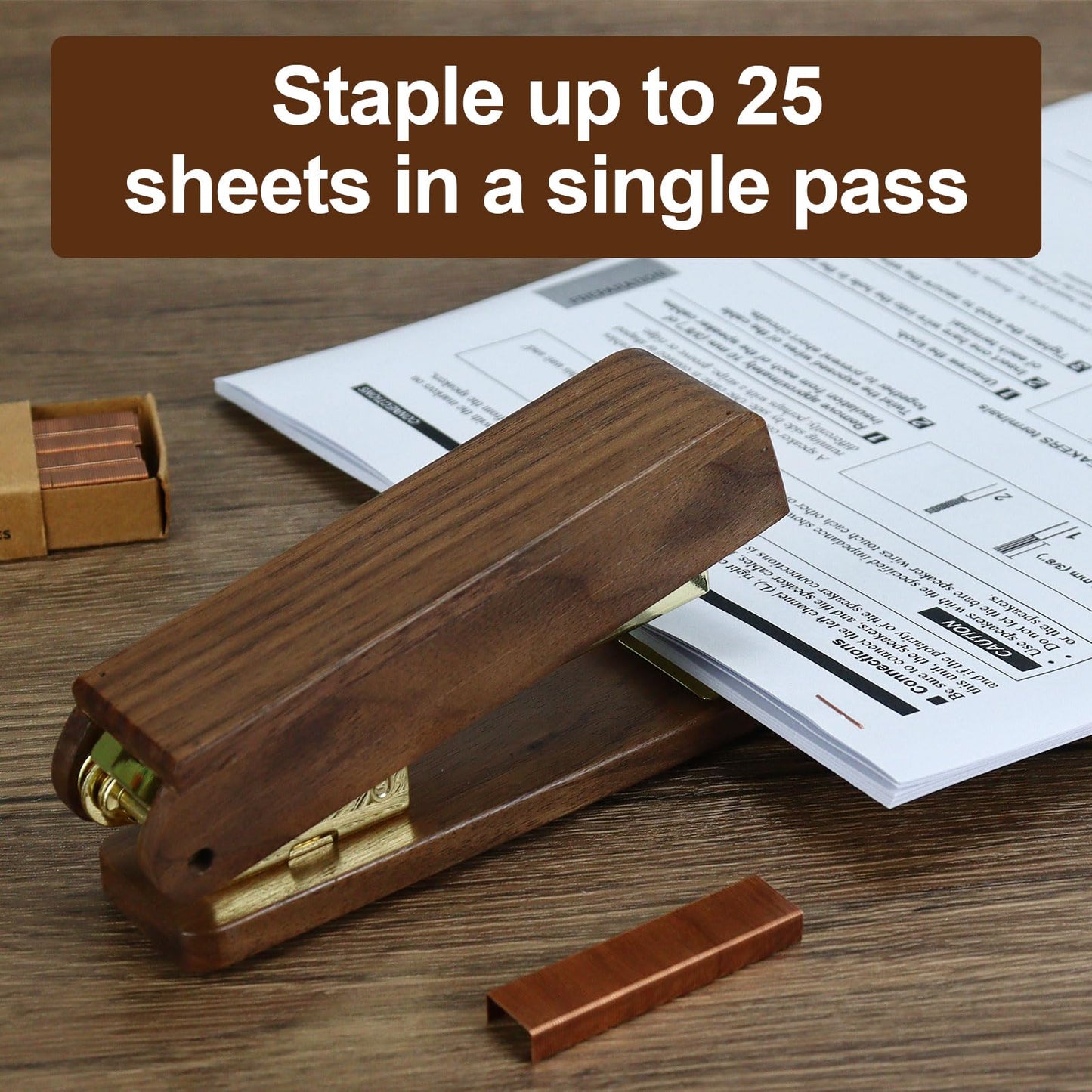 MultiBey Walnut Wood Stapler for Desk - Natural Woodgrain Stapler 25 Sheet Capacity with 1000 Staples, Jam Free, Retro Business Desktop Staplers Desk Accessories for Office Home School