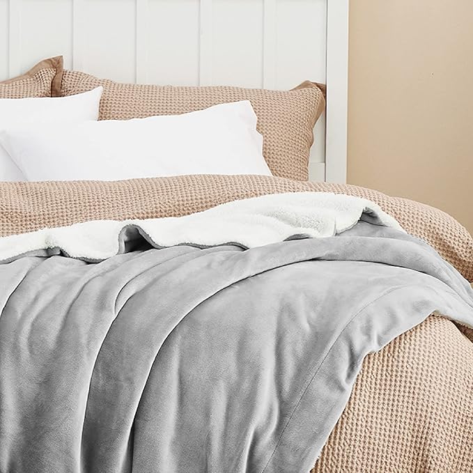 Bedsure GentleSoft Sherpa Fleece Blankets Queen Size for Bed - Thick and Warm, Soft Fuzzy Plush Queen Blanket for Winter, Light Grey, 90x90 Inches