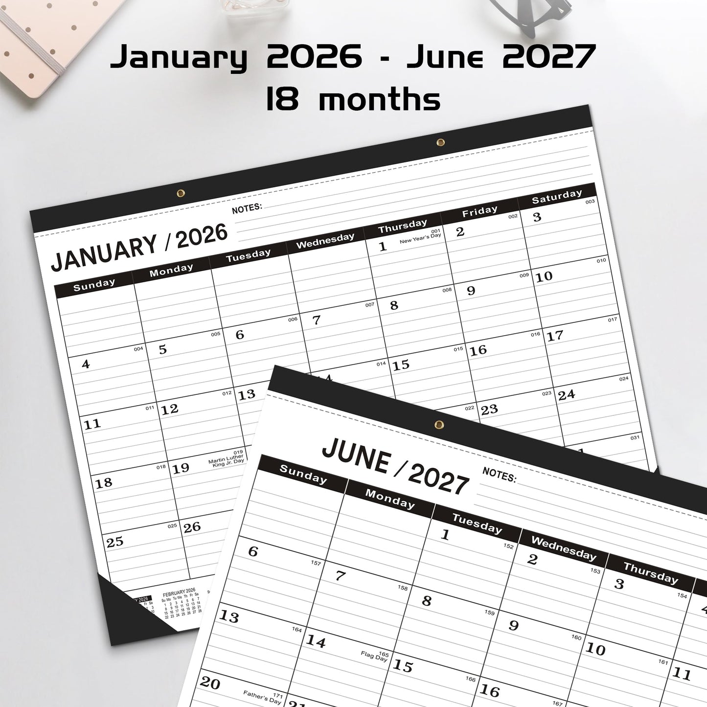 Desk Calendar 2026(January 2026 - June 2027)，2026 Desk Calendar Large 22 x17，2026 Calendar,Classic Black,Large Calendar 2026-2027 with Plastic Cover