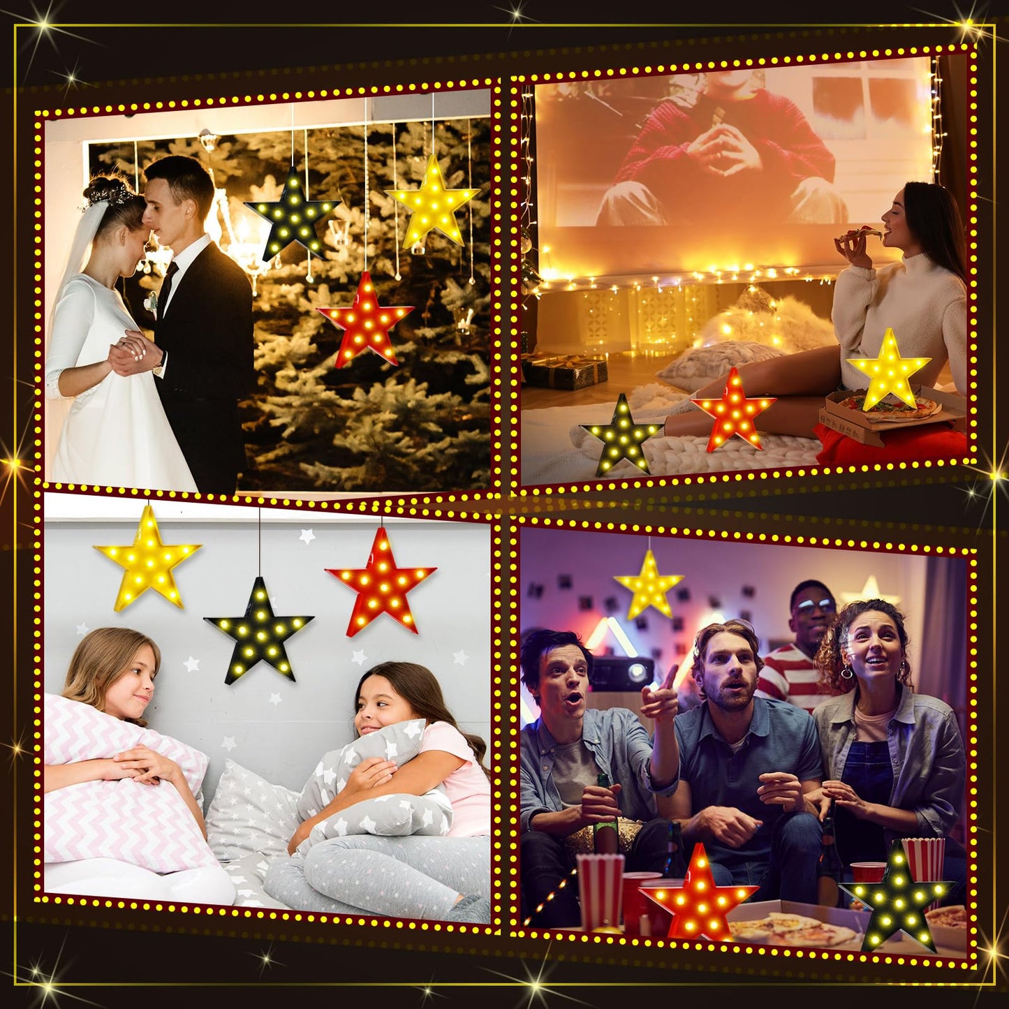 VIHOSE 3 Pcs Marquee Star Lights LED Star Signs Light up Movie Theater Decor Battery Operated Night Light for Gifts Birthday Party Home Movie Decor(Red,Black,Warm)