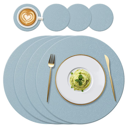 YUNJUER Round Silicone Table Mats(34cm) and Coasters(10cm) Set of 4, Heat-Resistant 450 °F Place mats, Non-Slip and Washable, Place Mats for Hotel, Restaurant, Kitchen Glass Dining Table, (Light Blue)