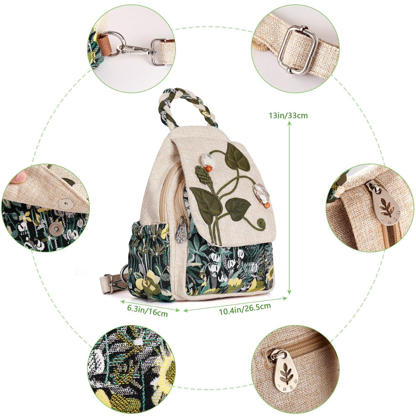 Girl's Convertible Sling Bag, Hand Craft Artisan Purse, Beautiful Canvas Premium Casual Day Mini Backpack for Women (Green Marsh)