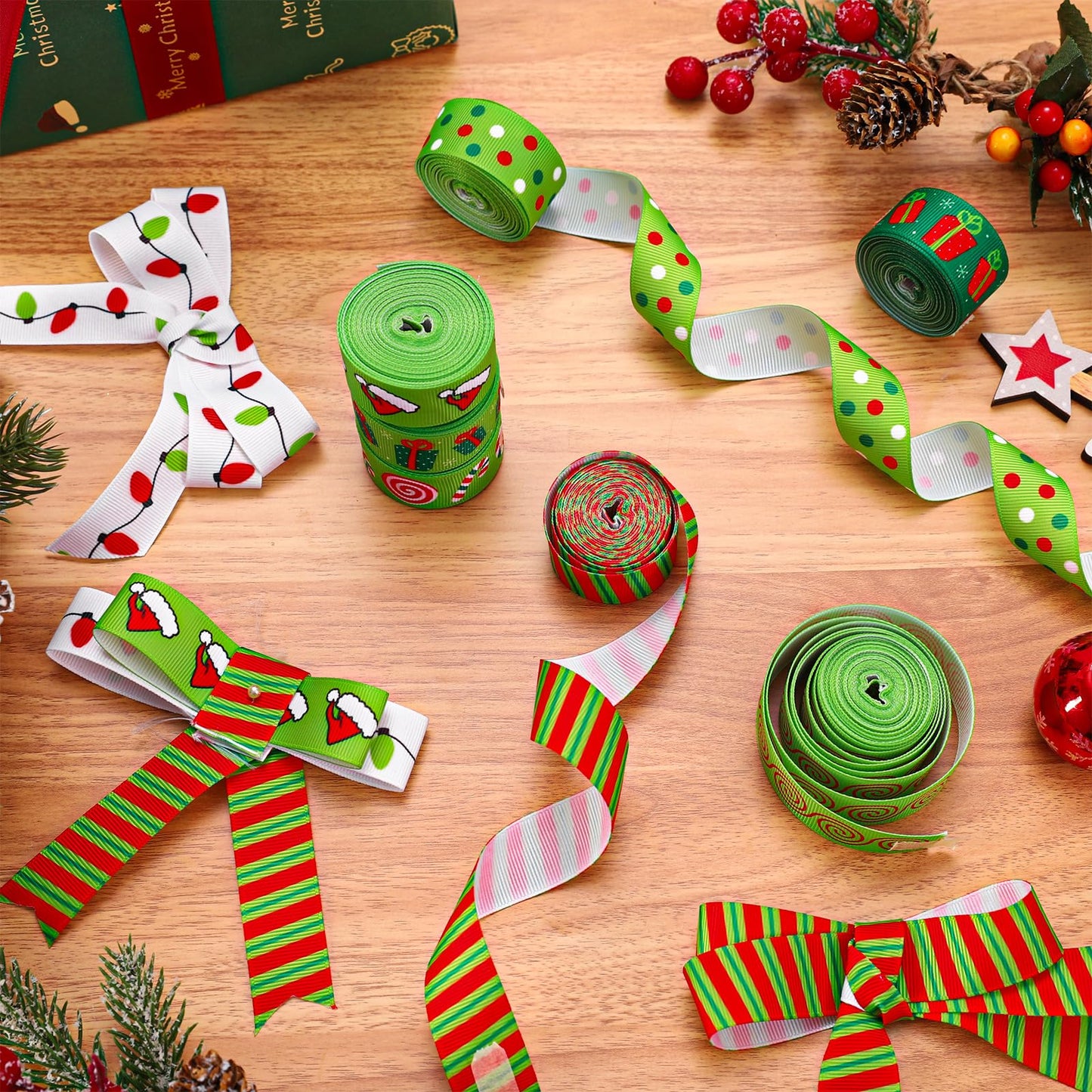 JarThenaAMCS 8 Rolls Christmas Grosgrain Ribbons 7/8" Red Green Xmas Candy Cane Light Bulb Santa Hat Dot Stripe Fabric Craft Ribbon for Holiday Birthday Wreath Bow Gift Wrap Party Decor, 40 Yards