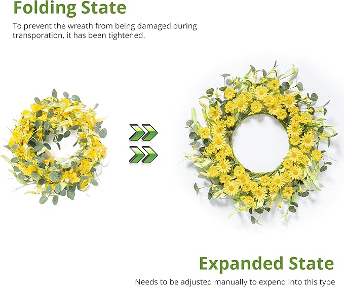 Spring Summer Door Wreath 20 Inch Yellow Daisies/Forsythia Flowers with Eucalyptus Leaves Seasonal Wreath for Front Door, Wall, or Porch Patio Decor