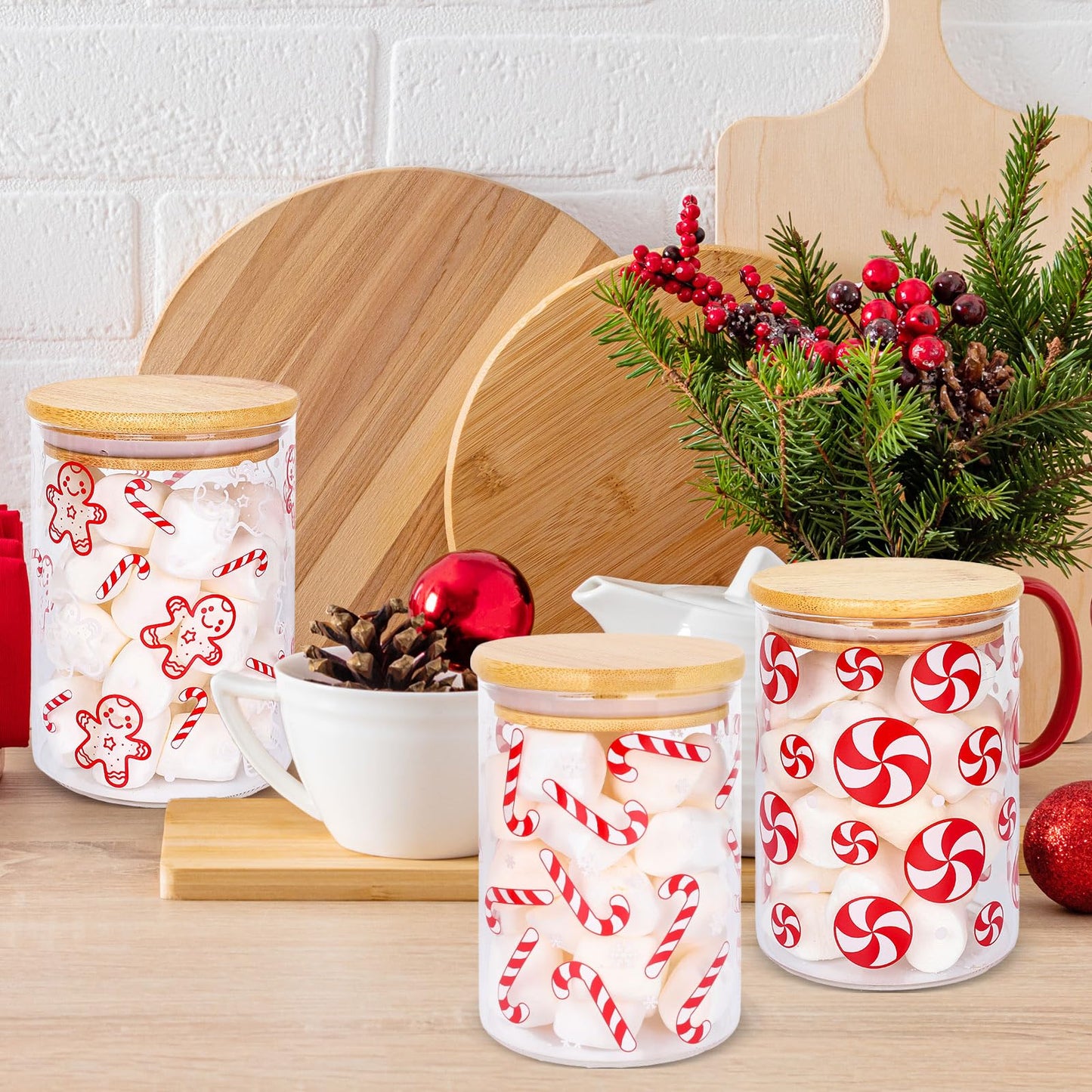 JarThenaAMCS 3Pcs Christmas Glass Storage Jars Red White Candy Cane Gingerbread Man Clear Canisters Sets with Airtight Lid for Xmas Home Kitchen Countertop Decor