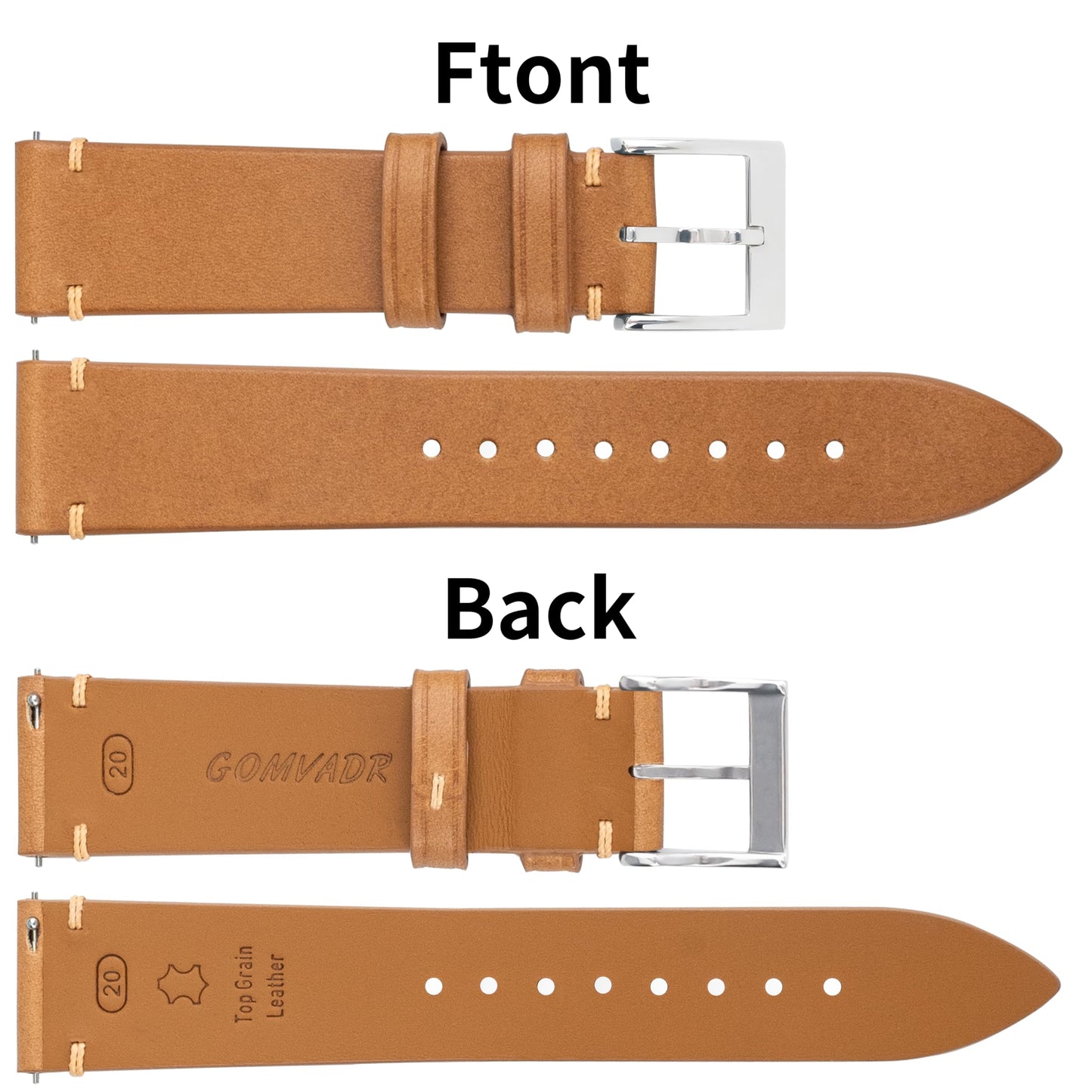 Gomvadr Handmade Slim Vintage Top Grain Leather Watch Strap, Quick Release, 18 mm/19 mm/20 mm/21 mm/22 mm, Silver/Black Buckle, Tan/Brown/Blue/Black/Coffee, Unisex for Men Women (Yellowish Brown with Silver Buckle, 20mm)