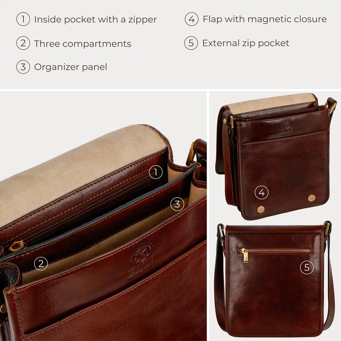 Time Resistance Italian Leather Messenger Bag for Men - Full Grain Crossbody, Tablet-Sized Shoulder Bag (Brown)