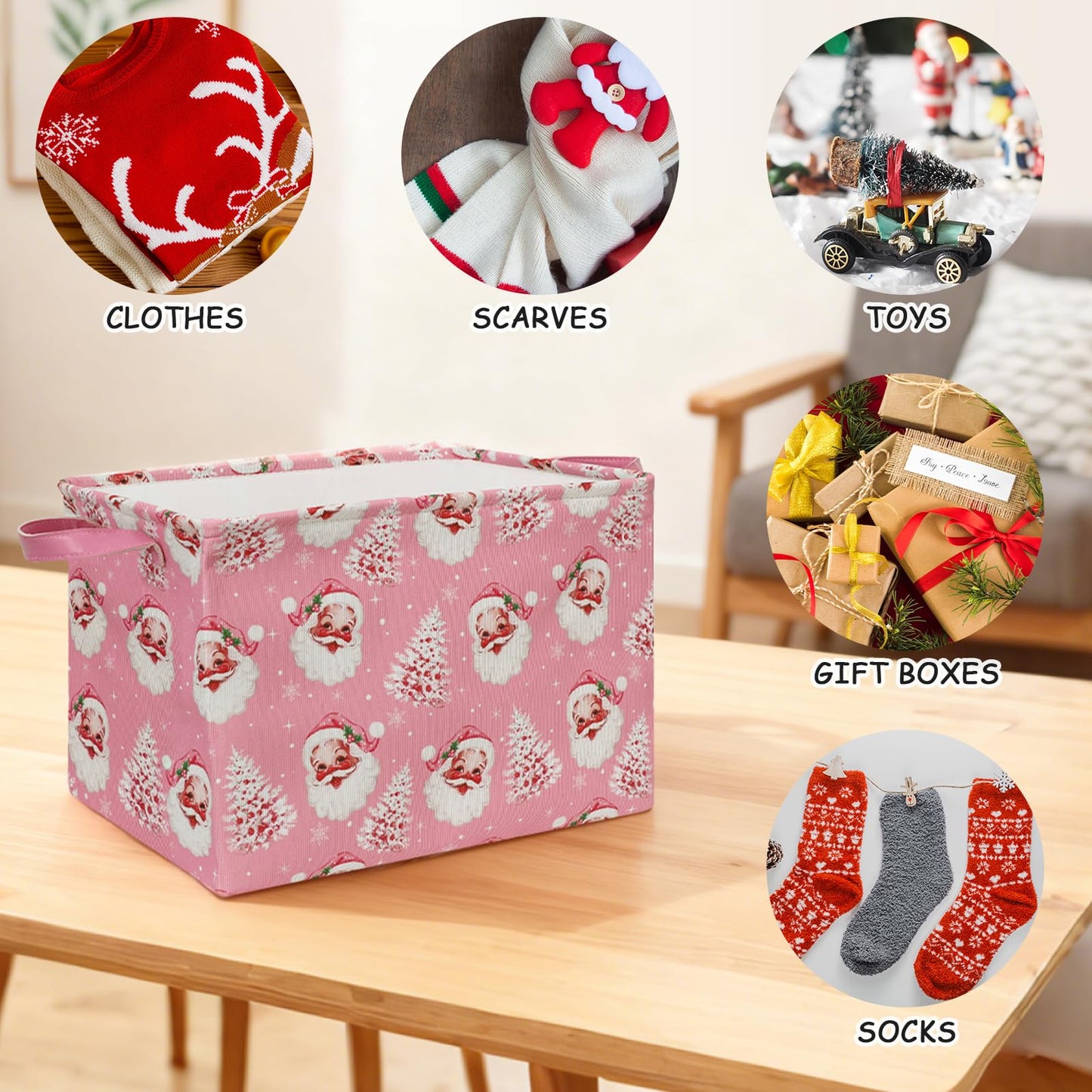 FYSUIMU 2Pcs Pink Christmas Storage Basket Collapsible Canvas Organizer Cute Xmas Tree Santa Fabric Storage Bin with Handles for Shelf Closet Holiday Home Organizer Decor