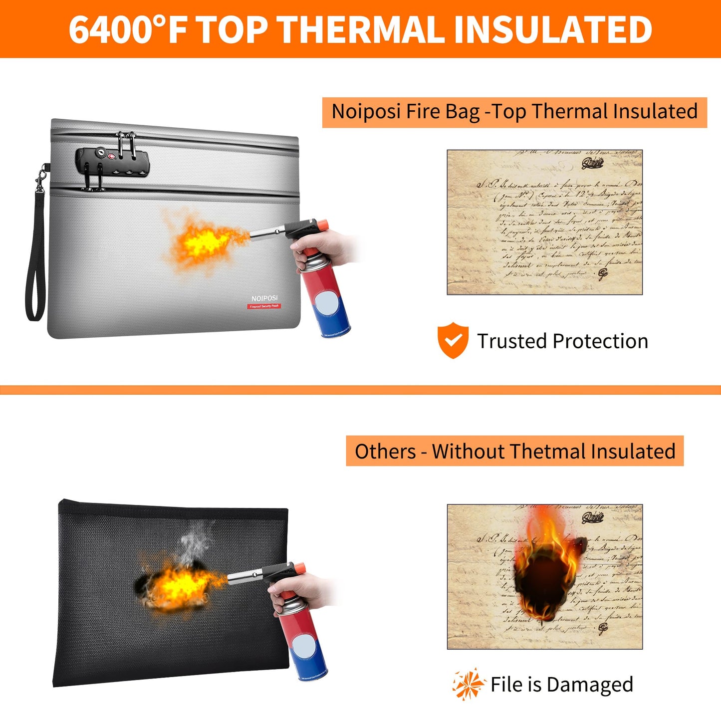 Noiposi 6400℉ Fireproof Document Bag with Lock,Dual-Zip Compartments Fireproof Money Bag for Cash and Documents,12 Layers Heat Insulated Fireproof Bag with Zipper,Protects Important Valuables(Silver)