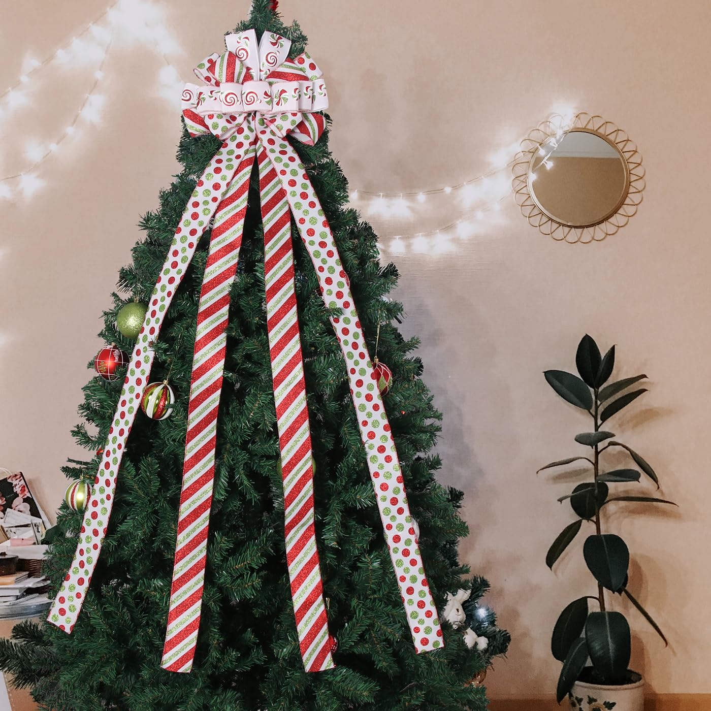 Christmas Tree Topper Wreath Bow Large Green Christmas Bow Tree Topper with Red Green Red Stripes Candy Patterned Gift Bows for Xmas Holiday Home Thanksgiving Indoor/Outdoor Decoration 52"x13"