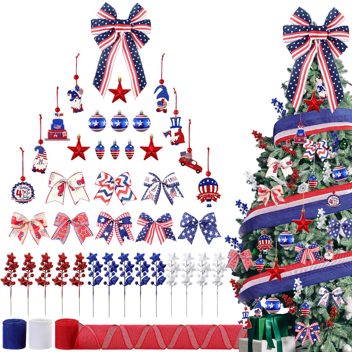 43 Pcs 4th of July Patriotic Tree Decorations Independence Day Christmas Tree Ornaments Ribbon Bow Topper Red White and Blue Hanging Ornaments for National Memorial Day Party
