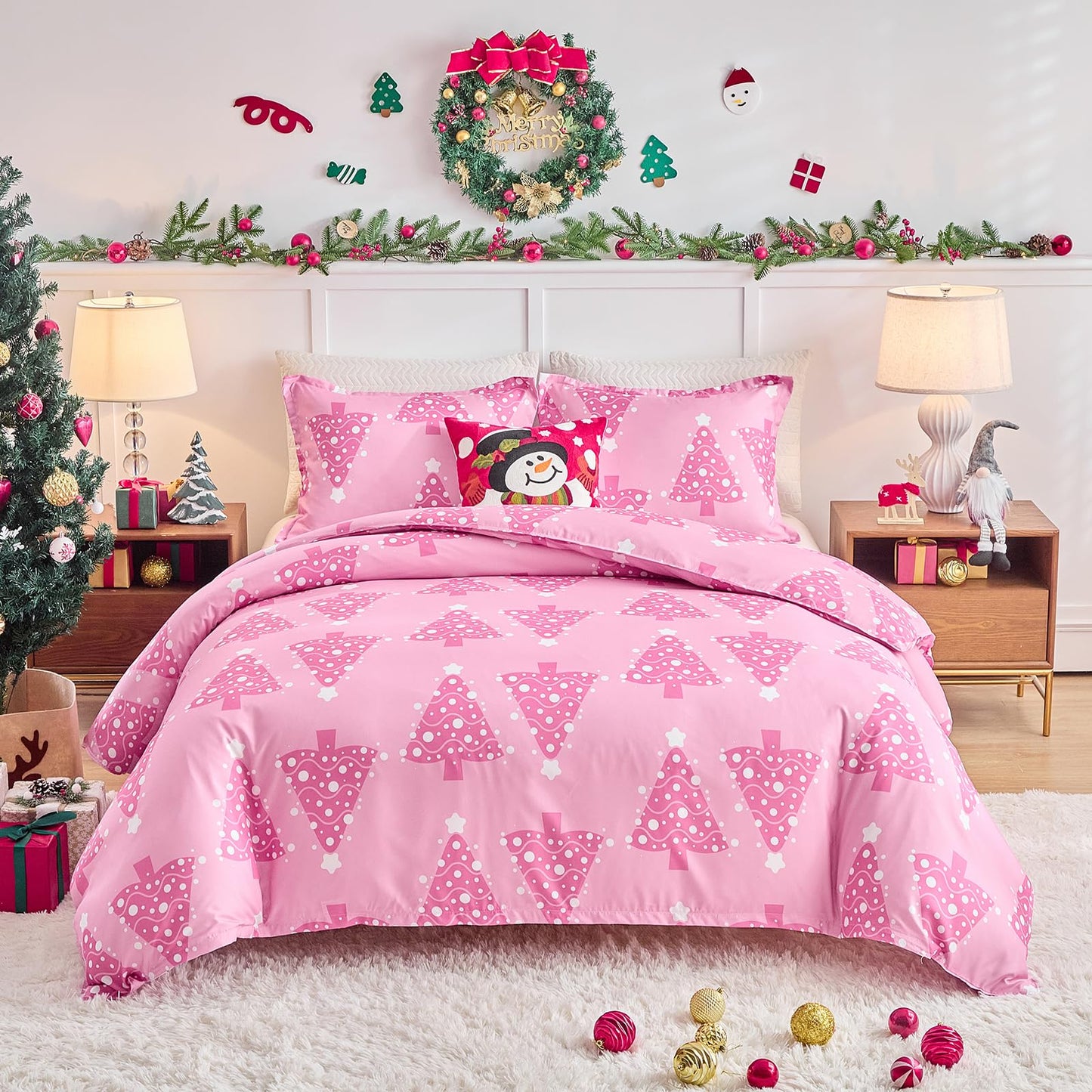 Joyreap 3pcs Christmas Duvet Cover Set King, Pink Xmas Tree Design Bedding Set, Includes 1 Duvet Cover and 2 Pillow Shams