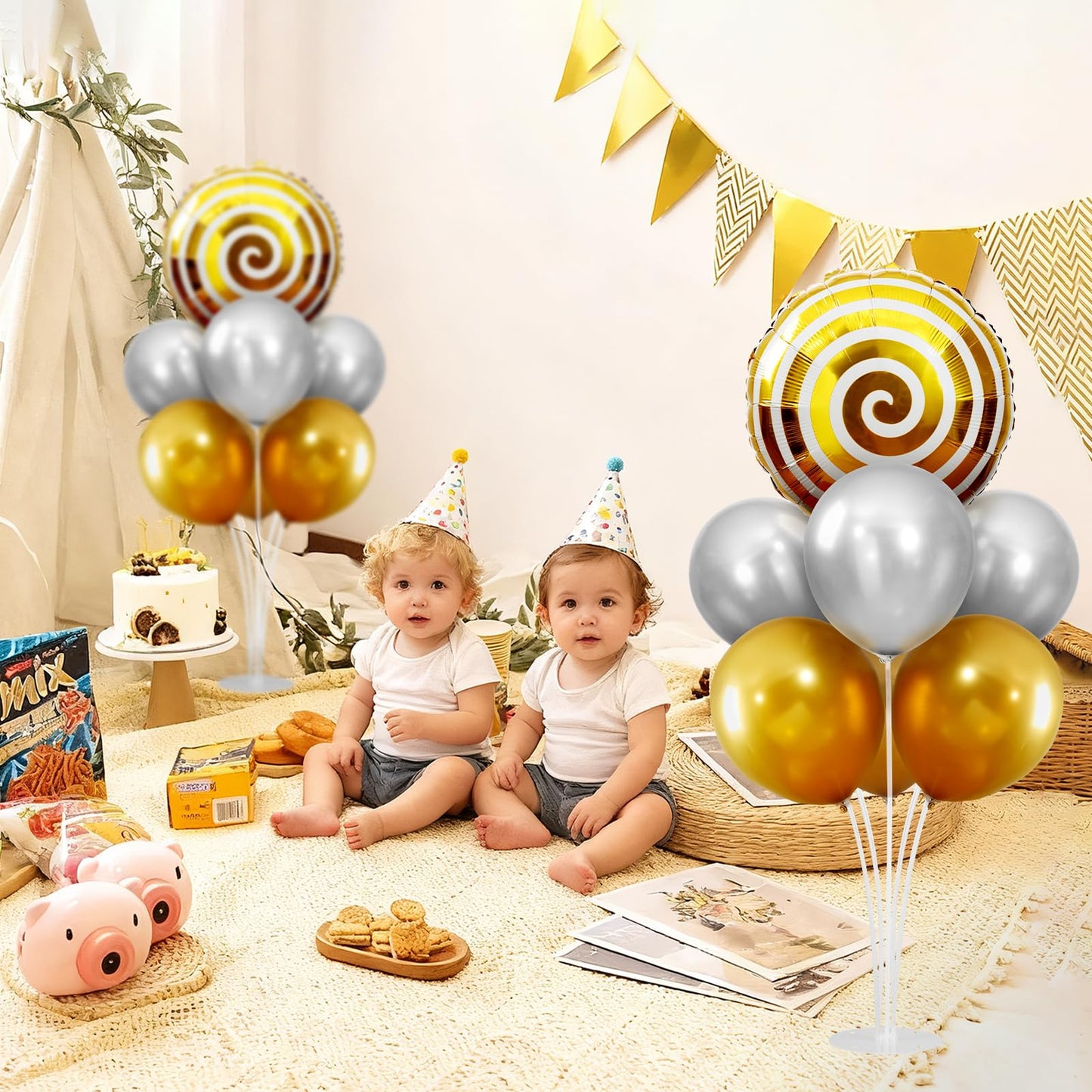 Candyland Party Decorations, Sweet Candy Balloon Stand kit 2 Sets Balloon Centerpieces for Table, Mylar Foil Round Lollipop Balloons for Candy land Birthday Party, Candies Shop, Home Decoration-Gold