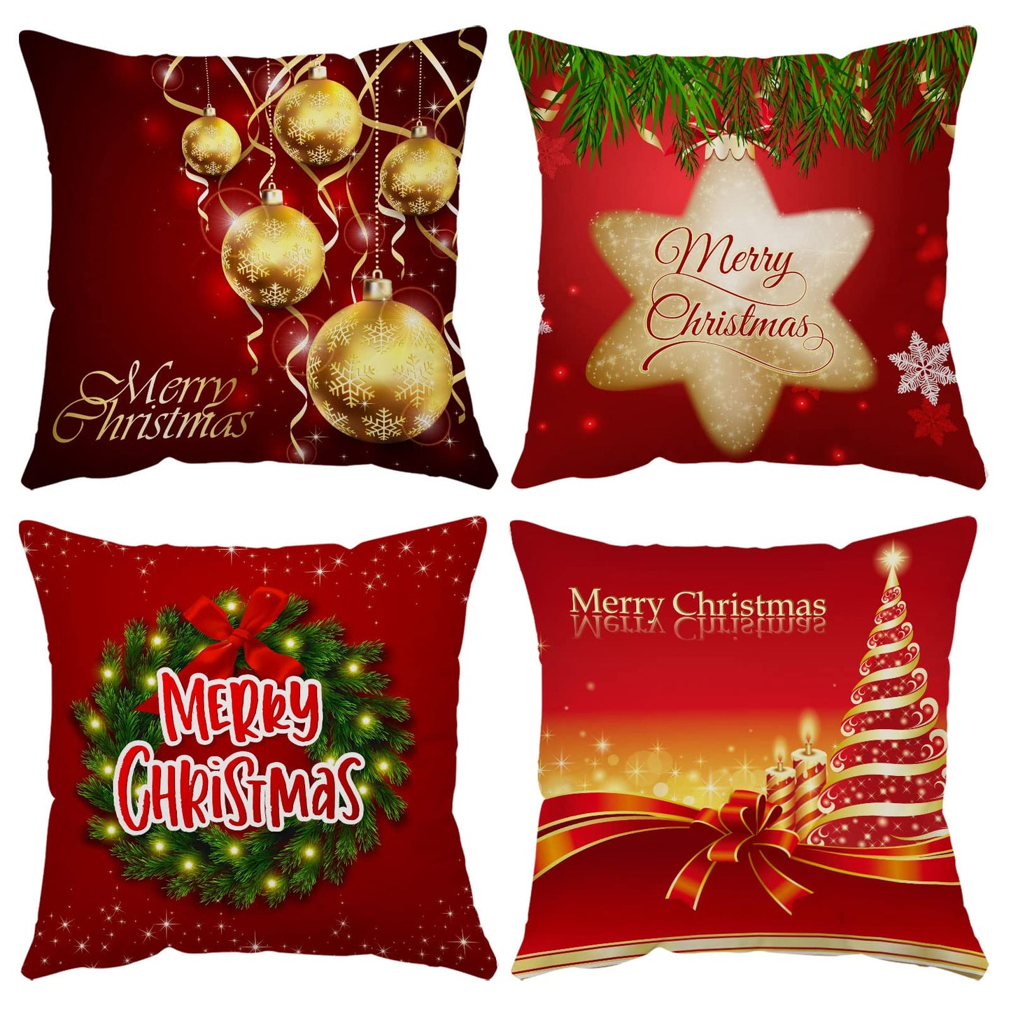 Set of 4 Christmas Pillow Covers 18x18 Inch Xmas Pillow Cases Velvet Throw Pillow Covers Red Gold Winter Holiday Cushion Covers Outdoor Couch Sofa Home Decorations for New Year