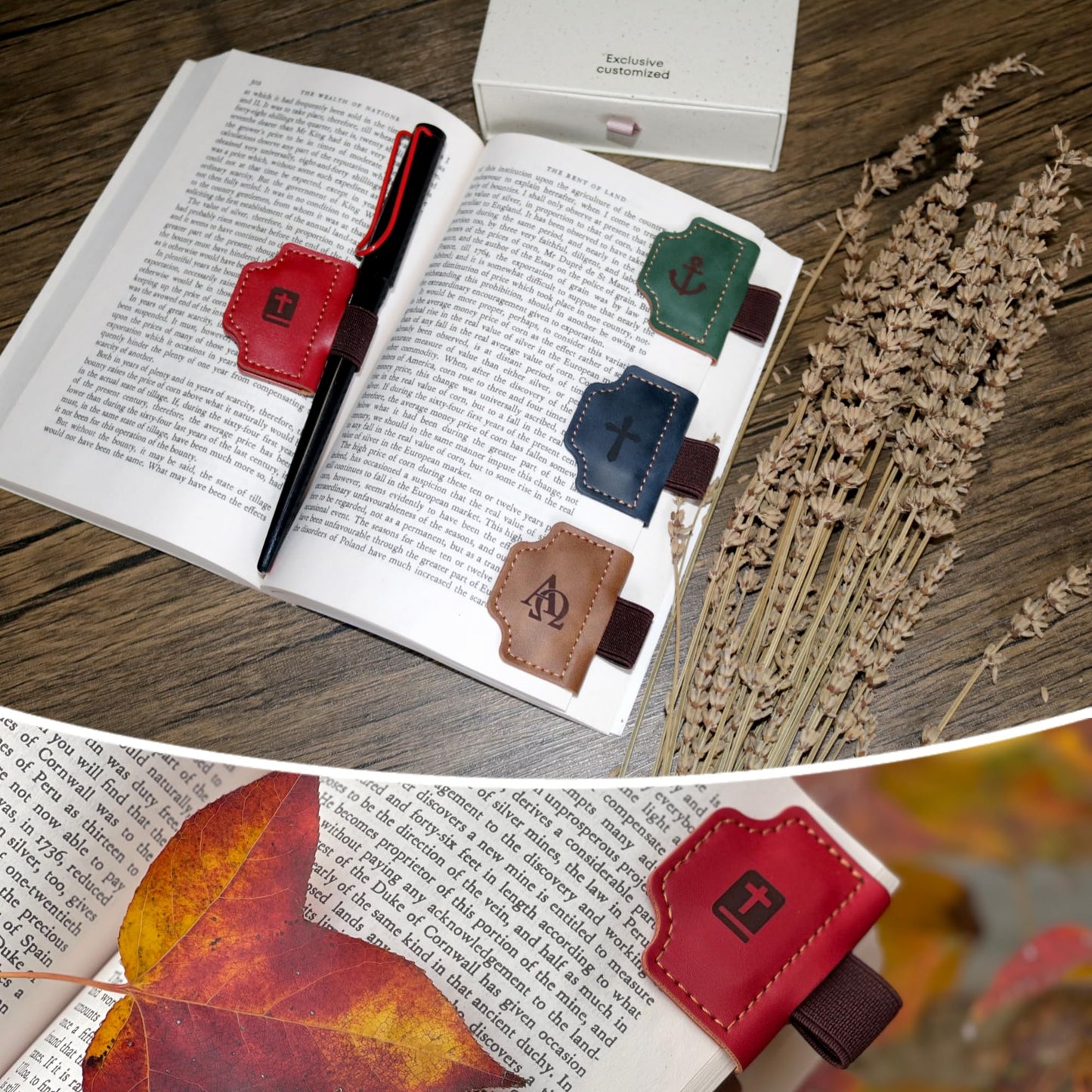 Buyborgood 4 Pcs Personalized Magnetic Leather Bookmark Pen Holder Book Lovers Christian Gifts Bygone Mark for Reading, Red-Bible + Brown-AΩ + Blue-Cross + Green-Anchor