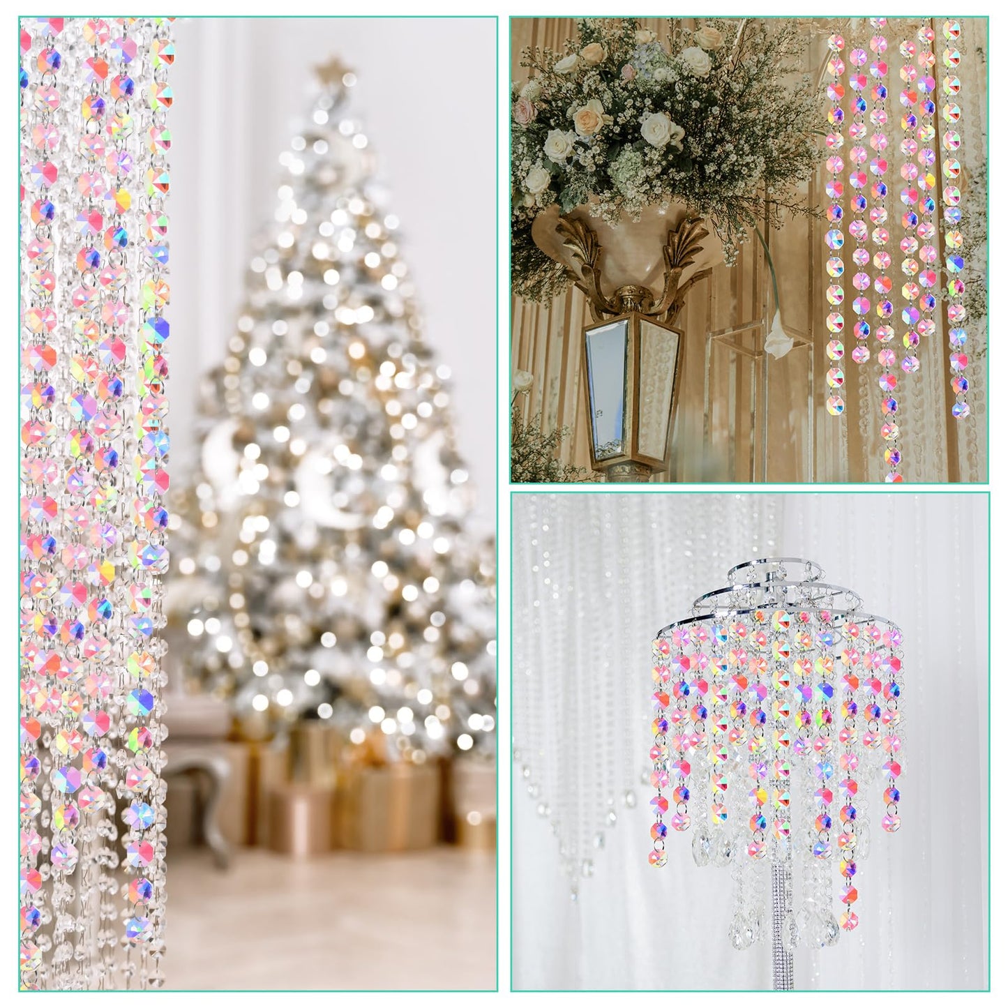 Blushtier Crystal Garlands Acrylic Octagon Bead Strands 14mm Iridescent Clear Diamond Hanging Chandelier Chain Ornament String for Wedding Manzanita Centerpiece Holiday Party(16 ft)