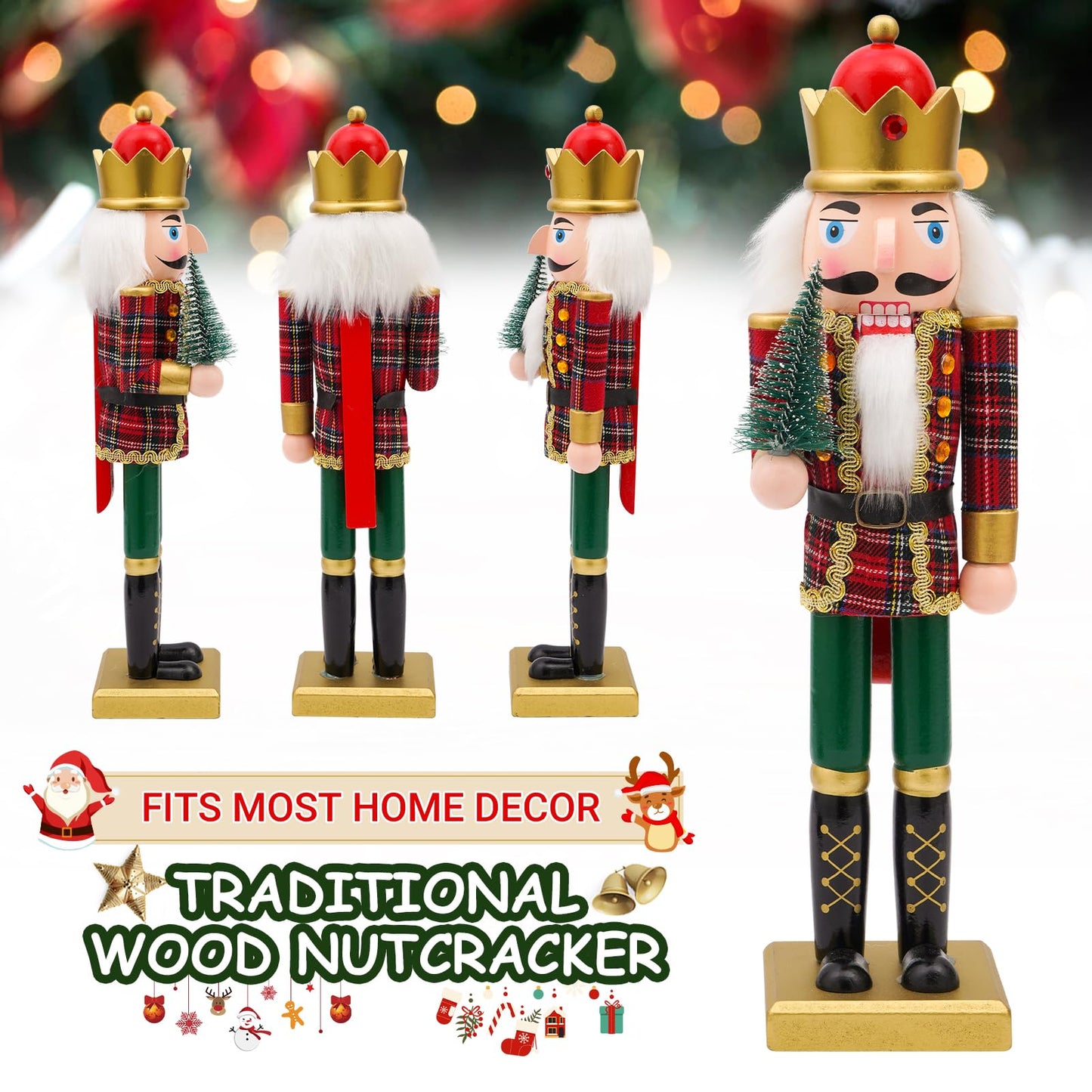 Tngan Nutcracker Christmas Decor, 14 inch Wooden Nutcrackers Figures, Handcrafted Collectible Christmas Nutcracker Decor for Tabletop, Shelves Ornaments(Christmas Tree)