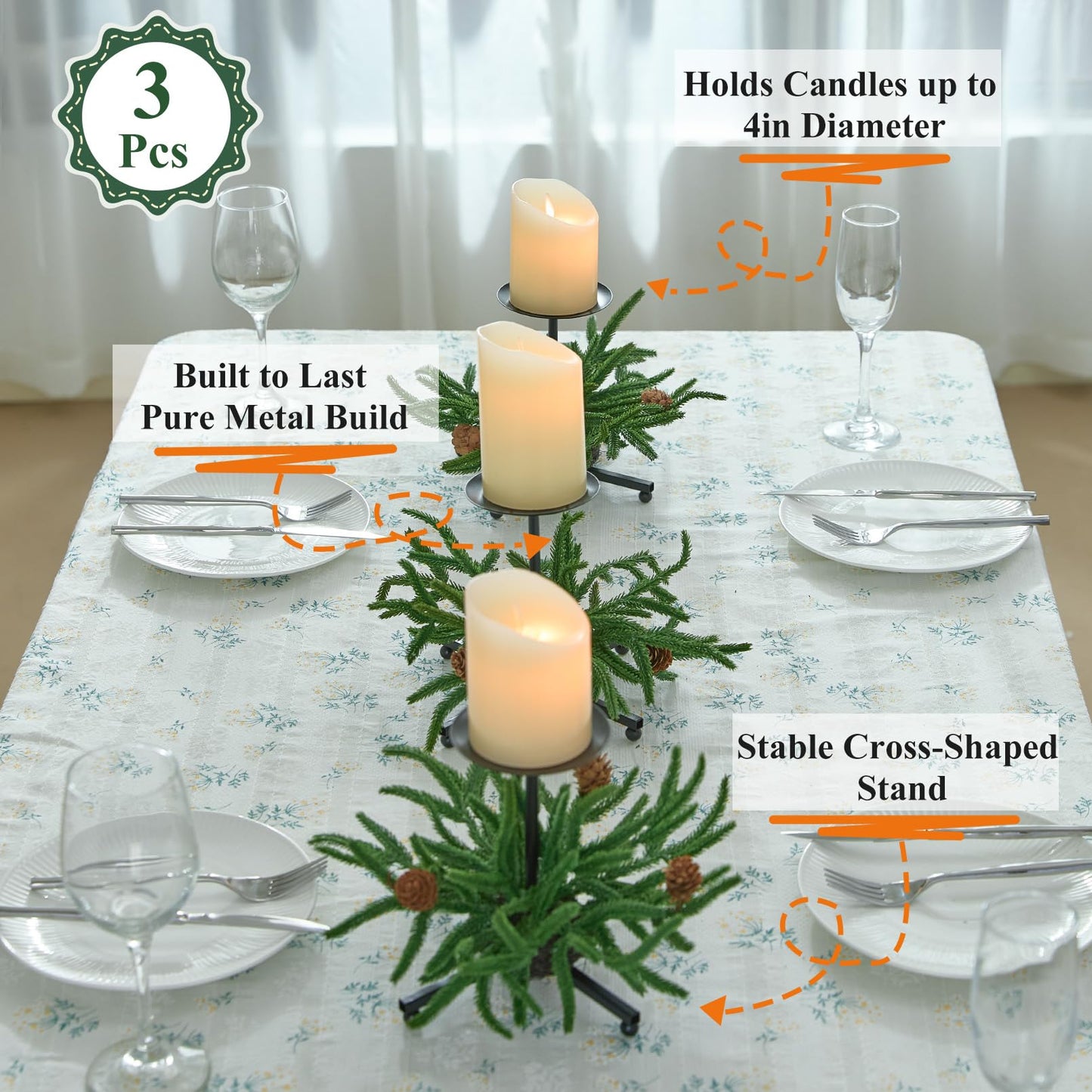 Heleze Christmas Candle Holder Set of 3, Black Iron Candle Tray Holders with Norfolk Pine Pinecones, 7.1 Inch Decorative Metal Stand for Table Centerpiece Mantle Xmas Decor
