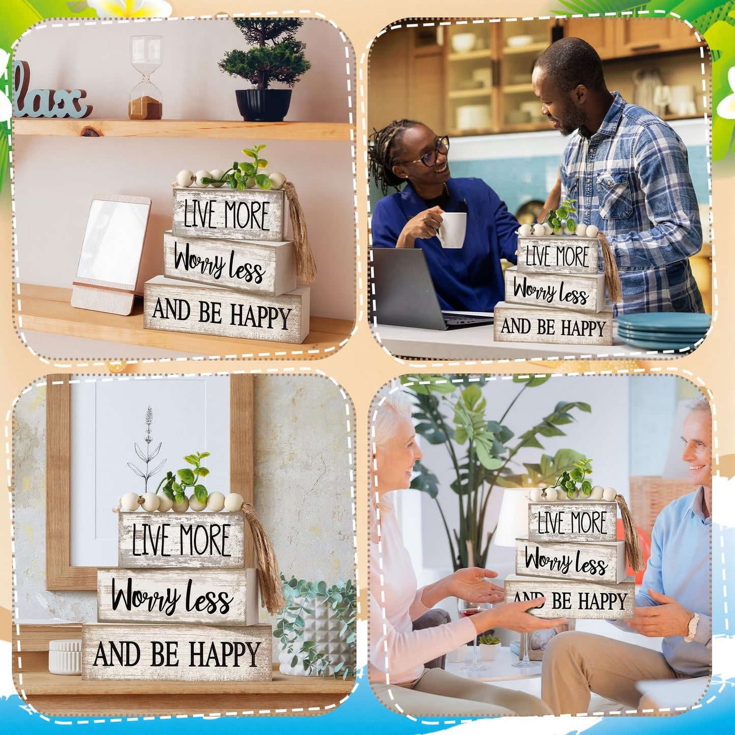Moucuny 4 Pcs Inspirational Farmhouse Table Decor Rustic Stacked Wooden Block Sign - Live More Worry Less Be Happy Centerpieces Set with Beaded Tassel and Artificial Plant for Home, Office, Shelf Gift
