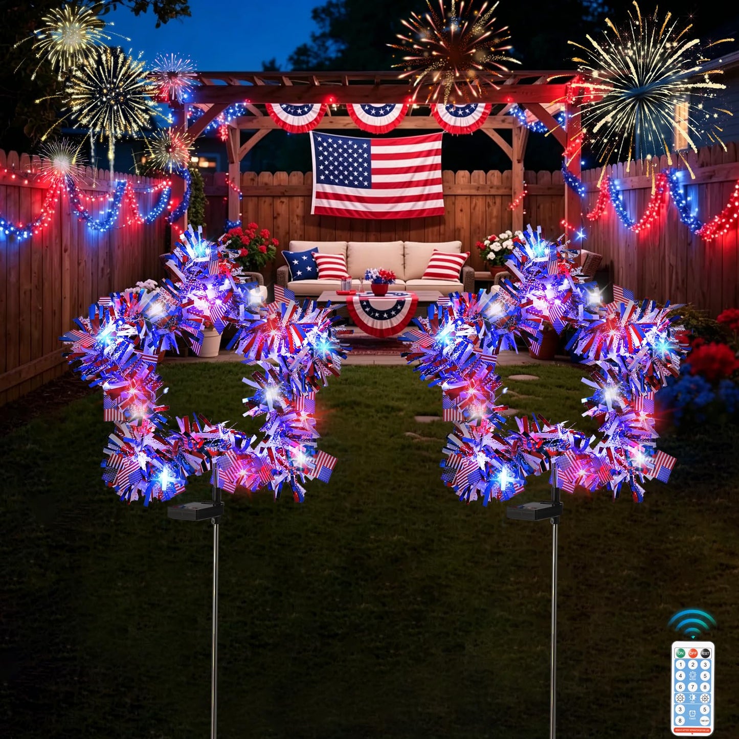 Kaitesla 2 Pack July 4th American Flag Solar American Flag Lights July 4th Solar Patriotic Flag Lights, 8 Modes Garden Pile Lights 50 LED Garden Landscape Lights Street Lights (Red White & Blue)