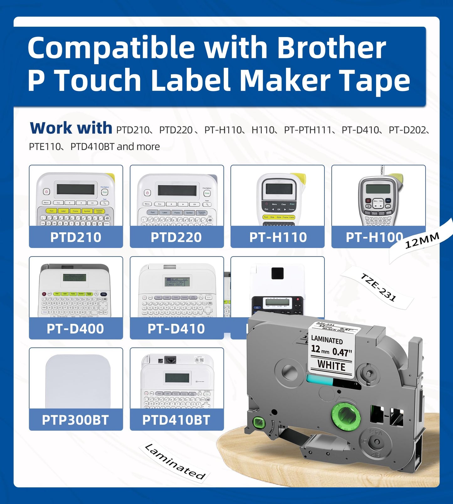Replace for Brother P-Touch Label Tape 12mm 0.47" Laminated White TZ Tape TZe-231 TZe231 Compatible with Brother Ptouch Label Maker PT-D210 PTH110 PTD220 PTD410, 6-Pack