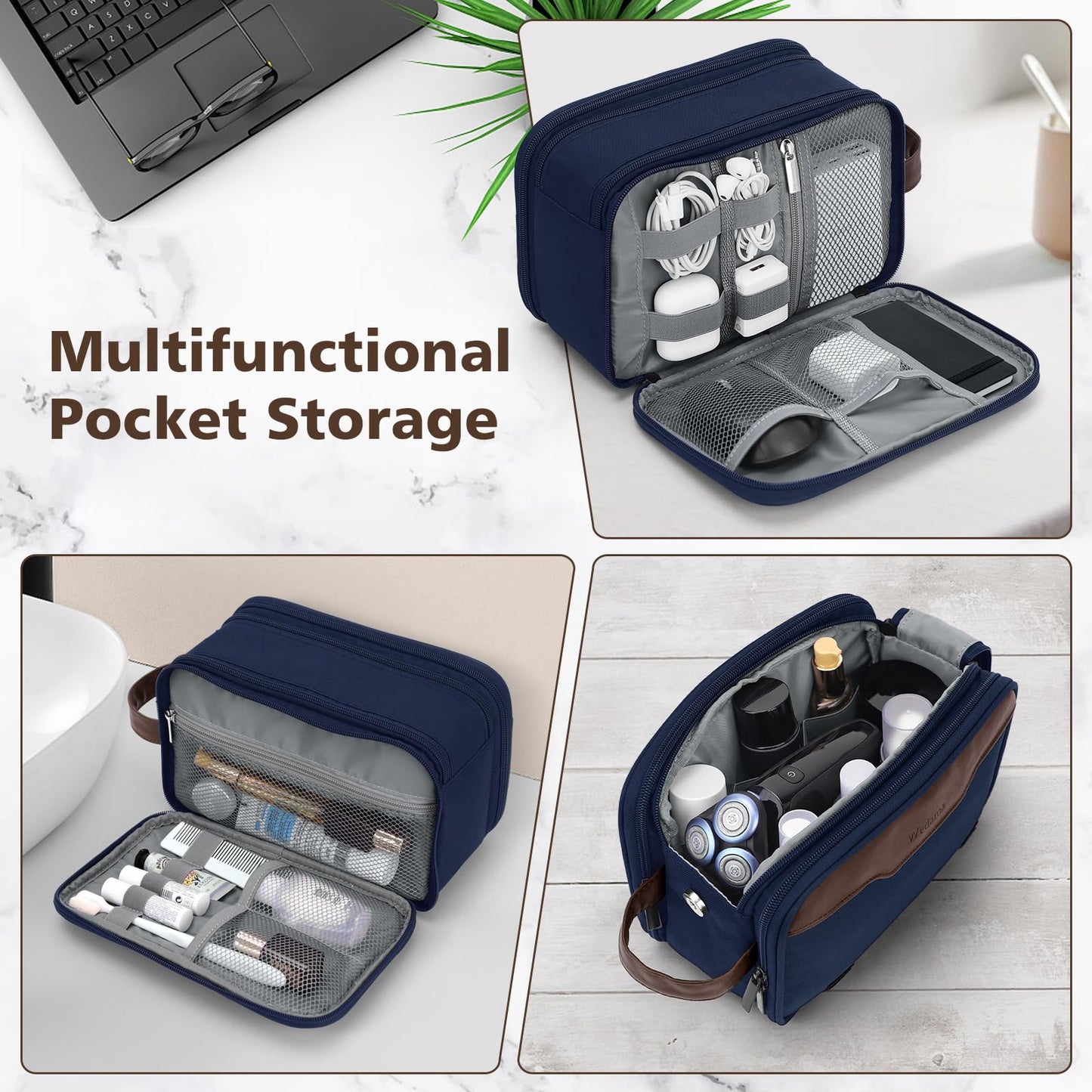 Wedama Toiletry Bag for Men, Medium Hanging Travel Toiletry Bag, Extra Electronic Organizer Bag Waterproof Shaving Bag for Toiletries with PU Handle for Travel Business Trips Swim Camping, Blue