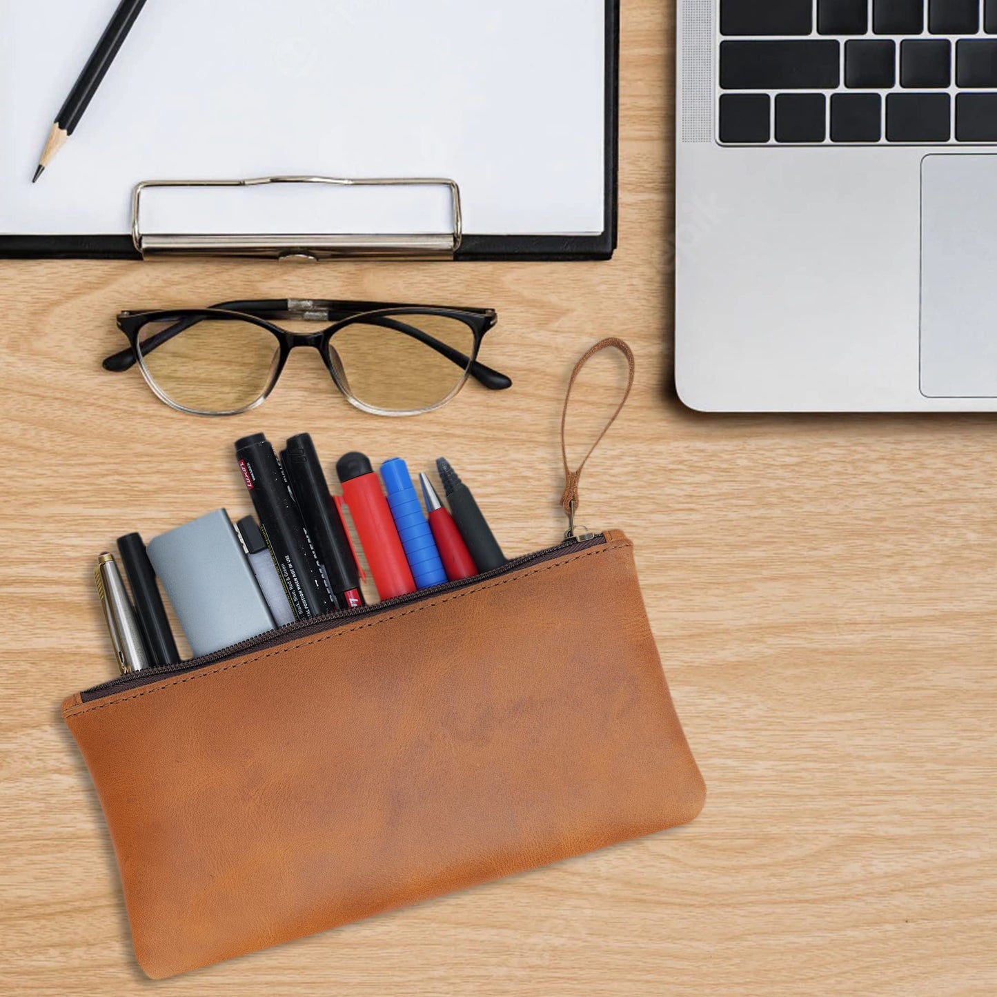 TheAntiq Leather Pencil Pouch, Currency Pouch, Leather Pencil Case, Zippered Pouch Paper Money, Pen Case, Pen and Marker Case, Pencil Case For Artists & Professionals (Tan)