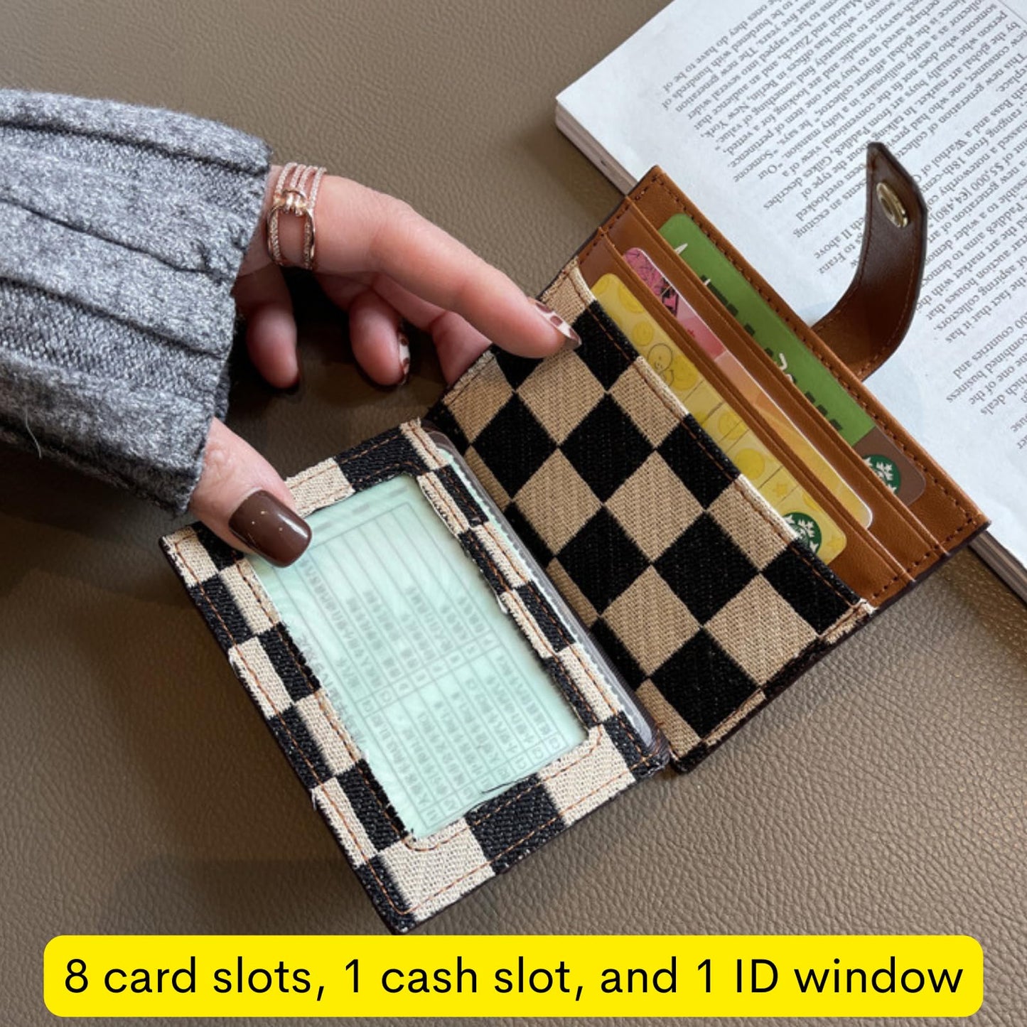 TURBOOST Cute Slim Card Holder Canvas Front Pocket Checkered Wallet, Small Credit Card Case for Women (Black)