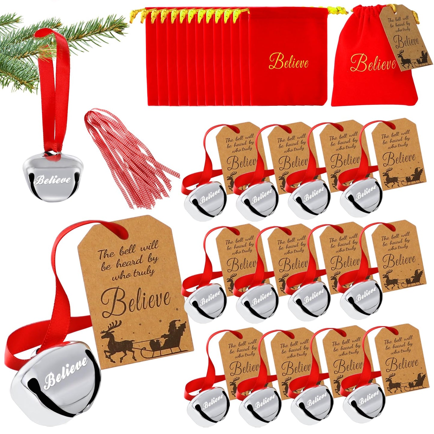 Christmas Believe Bell Ornaments, Polar Express Bell, Silver Sleigh Bell, Christmas Tree Bell Decoration Holiday Treat Gifts for Kids & Adults