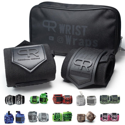 PR Personal Record Heavy Duty Premium Wrist Wraps, More Elasticity, Reinforced Stitching, Extra Wide Strap, Strong Thumb Loop, Larry Wheels Weightlifting Wraps, Lifting Wrist Wraps - All Black