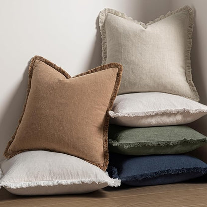 MIULEE Christmas Decorative Lumbar Throw Pillow Covers Neutral Linen Fringe Throw Pillows Set of 2 Natural Beige Boho Farmhouse Cushion Covers for Couch Sofa Bed Living Room Home Decor 12x20 Inch