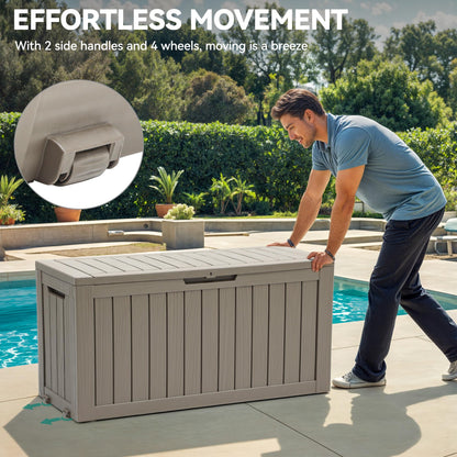 YITAHOME 72 Gallon Outdoor Storage Box w/Wheels, Resin Deck Box Indoor & Outdoor Patio Storage Box for Throw Pillows, Athletic Gear, Yard Implements (Light Brown)