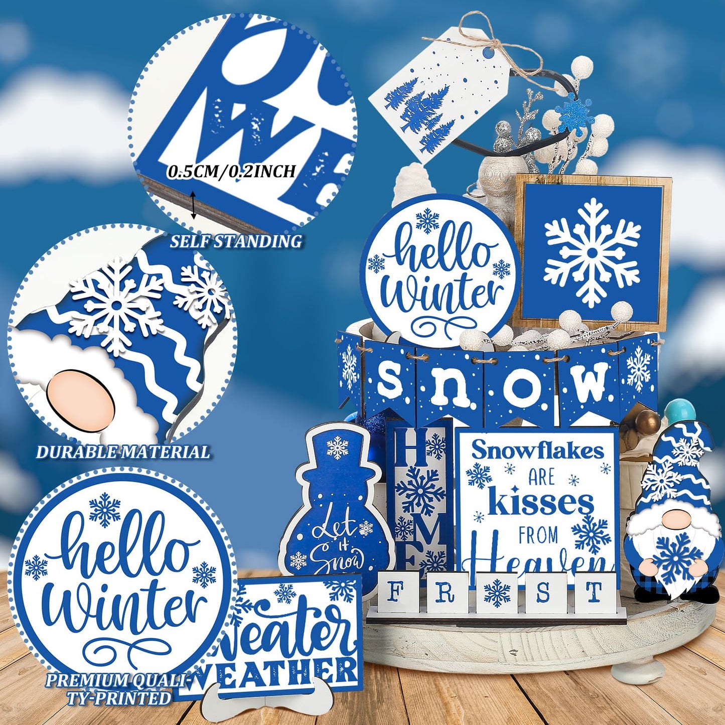 FairySandy Winter Tiered Tray Decor Set Hello Winter Snowman Wooden Signs Snowflake Decorations Rustic Farmhouse Blocks Sign for Home Table Harvest Holiday