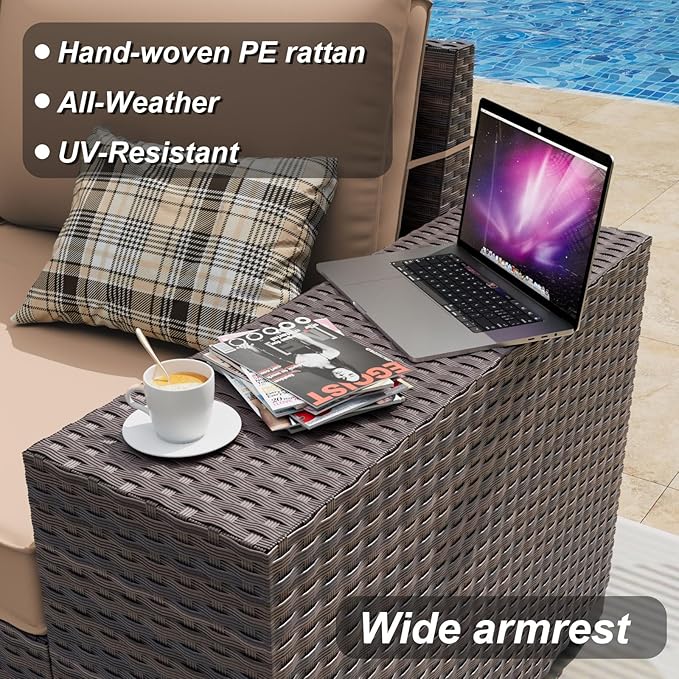 ALAULM 6 Pieces Patio Furniture Set, Oversized Seat/Armrest and High Back Wicker Sectional Furniture Set with Thick Cushion for Backyard, Garden, Sand