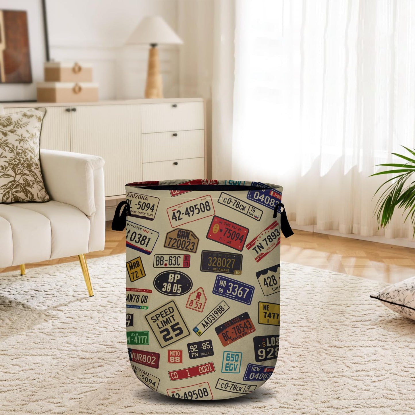 Colourful Car Number Plates Laundry Basket, Laundry Hamper Collapsible Oxford Cloth with Handle Clothes Storage Bin for Bathroom Laundry Room Bedroom 15.7 X 20 Inch
