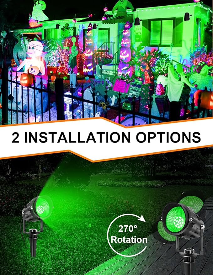 Christmas Green LED Spot Lights Outdoor, 14 LED Landscape Lighting with US Plug, IP65 Waterproof Spotlights for Tree Yard Garden Pathway Halloween St. Patrick's Day Flag Decor 2 Pack