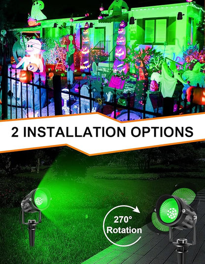 Christmas Green LED Spot Lights Outdoor, 14 LED Landscape Lighting with US Plug, IP65 Waterproof Spotlights for Tree Yard Garden Pathway Halloween St. Patrick's Day Flag Decor 2 Pack