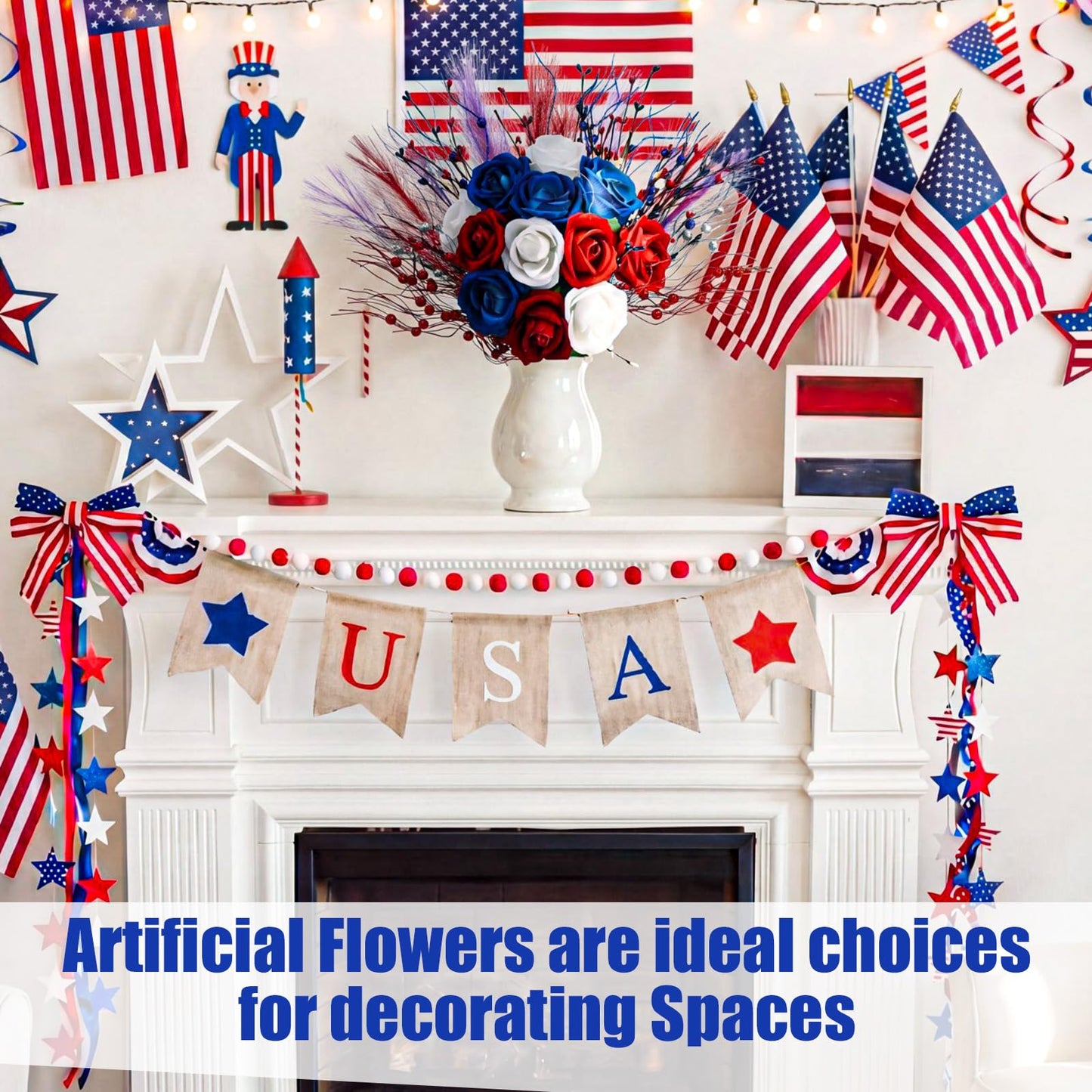 Juinte 30pcs Patriotic Artificial Flower, Red White Blue Faux Roses with Star Berry Picks and Pampas Grass for 4th of July Centerpieces and Independence Day Decor