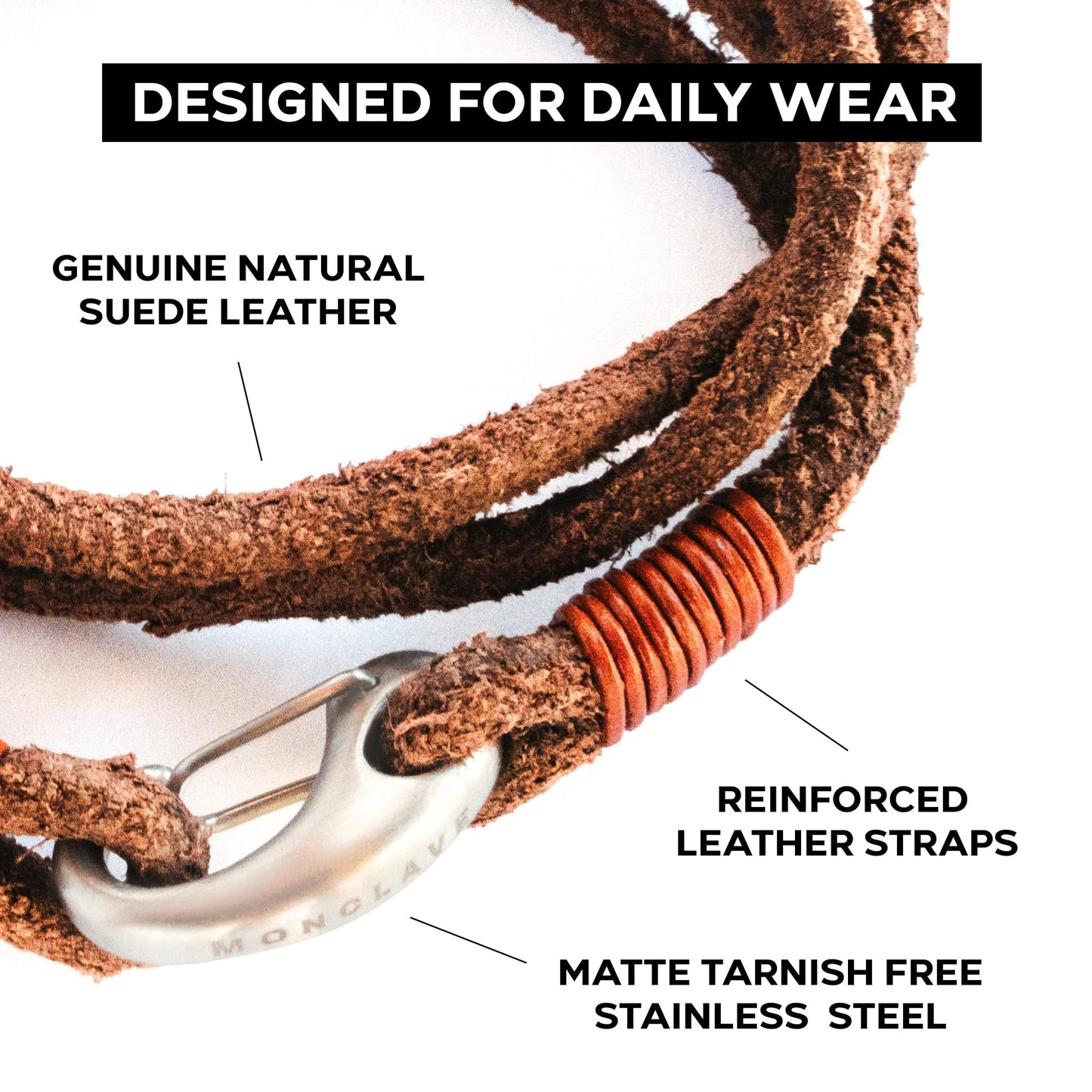 MONCLAVE Genuine Suede Leather Double Wrap Bracelet, Minimalist Unisex Wristband, Matte Finish Clasp, Premium Eco Friendly Gift Box Included