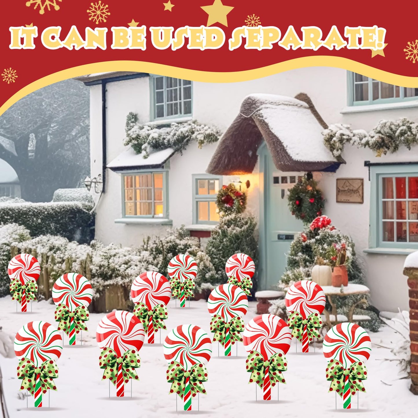 Meonum 4 Pcs Peppermint Candy Christmas Decorations Outdoor Large Christmas Yard Stakes Lime Green and Red Xmas Candy Garden Lawn Signs with Stakes and Bow for Home Pathway Walkway Party Decor(Red)