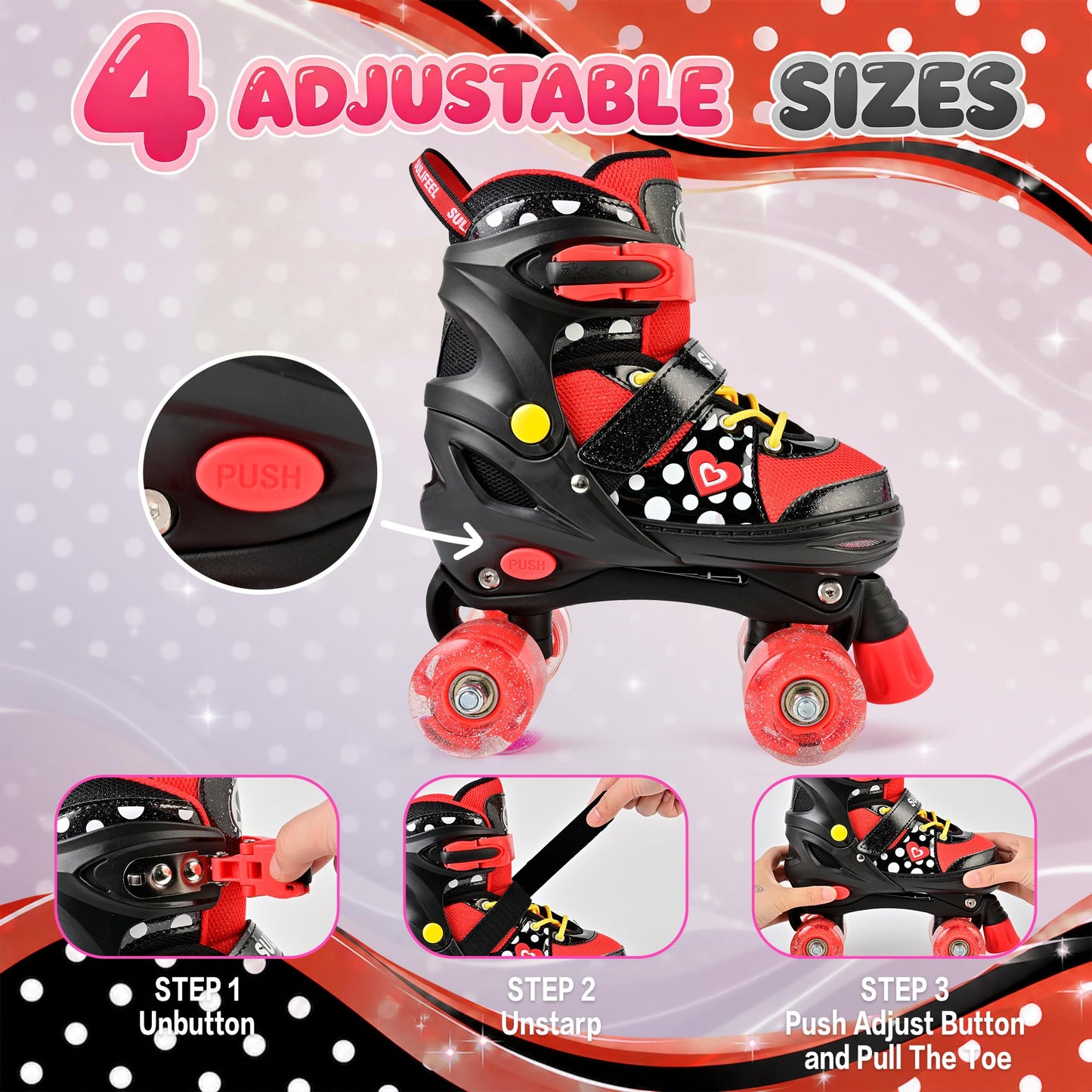 SULIFEEL Adjustable Roller Skates for Girls Ages 5-8 6-12 with Polka Dots & Bow, Light Up Wheels, 4 Sizes Adjustable for Beginner Kids Skates Indoor Outdoor Sports