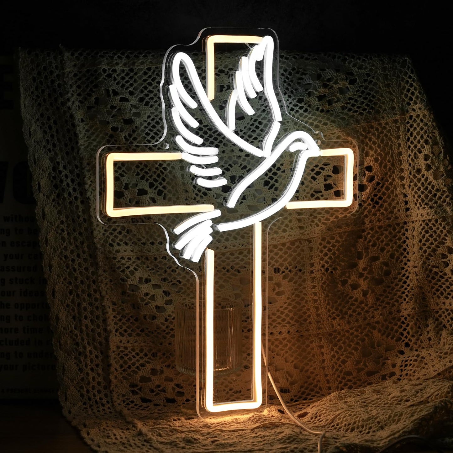 Cross Neon Sign Dimmable Led Easter Cross Neon Light For Wall Decoration White Dove of Peace Neon Light Signs USB Powered Light Up Sign For Festival Party Wedding Home Decor
