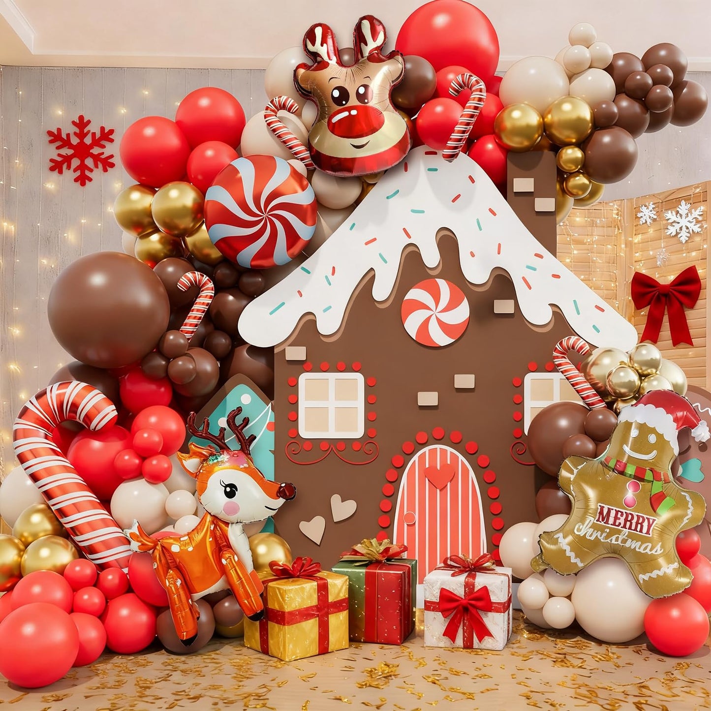 Bonropin 173pcs Christmas Balloon Garland Arch Kit Red Brown Sand White Gold Balloons with Gingerbread Moose Elk Deer Candy Cane Foil Balloon for Christmas Woodland Party Xmas Winter Party Decorations