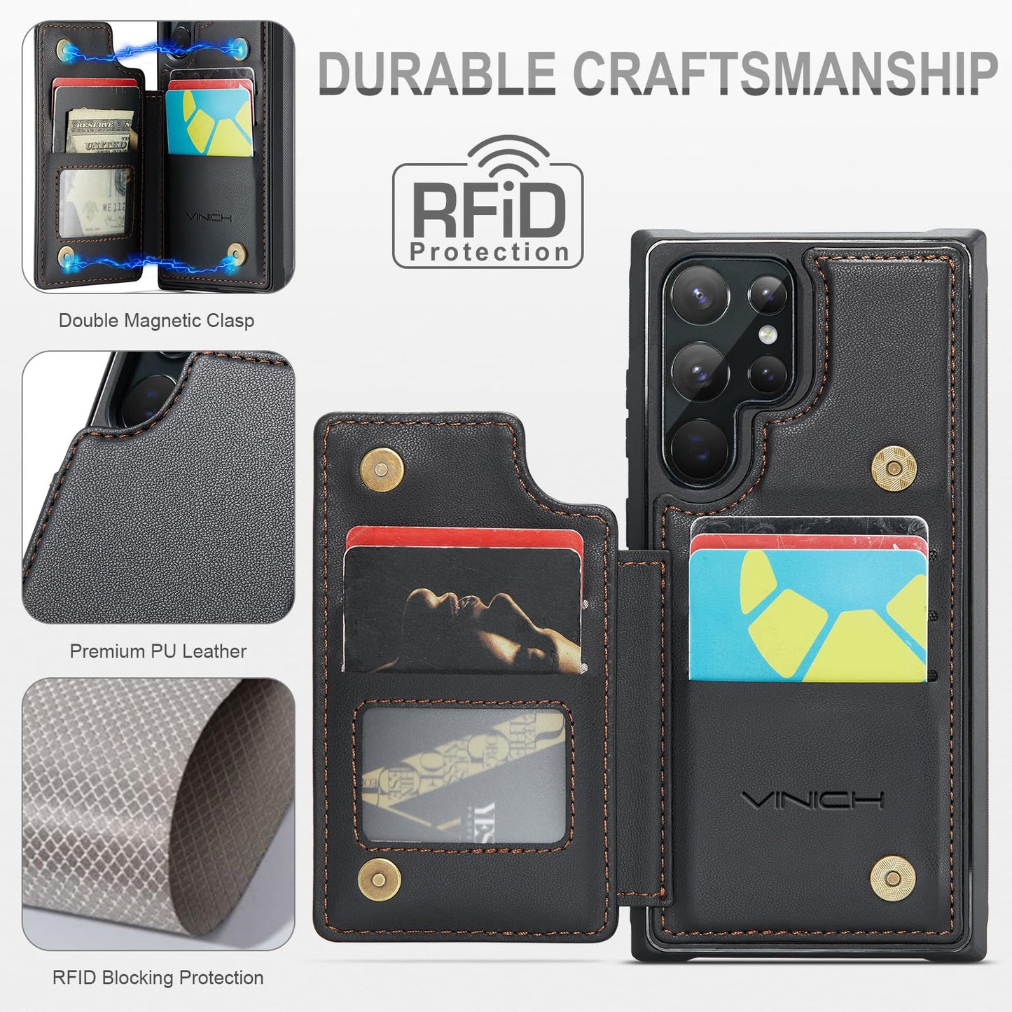 Vinich for Samsung Galaxy S22 Ultra Wallet Case with Card Holder, RFID Blocking Credit Slots Kickstand Shockproof Phone Cover Fit for Galaxy S22 Ultra 6.8" Black