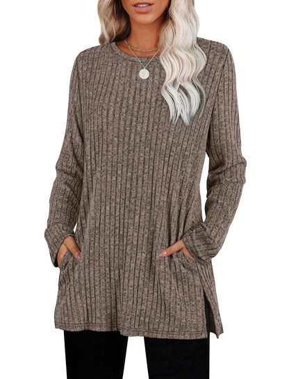 SAMPEEL Womens Sweaters Crewneck Long Sleeve Shirts with Pockets Fall Outfits 2025 Fashion Winter Clothing Side Slit