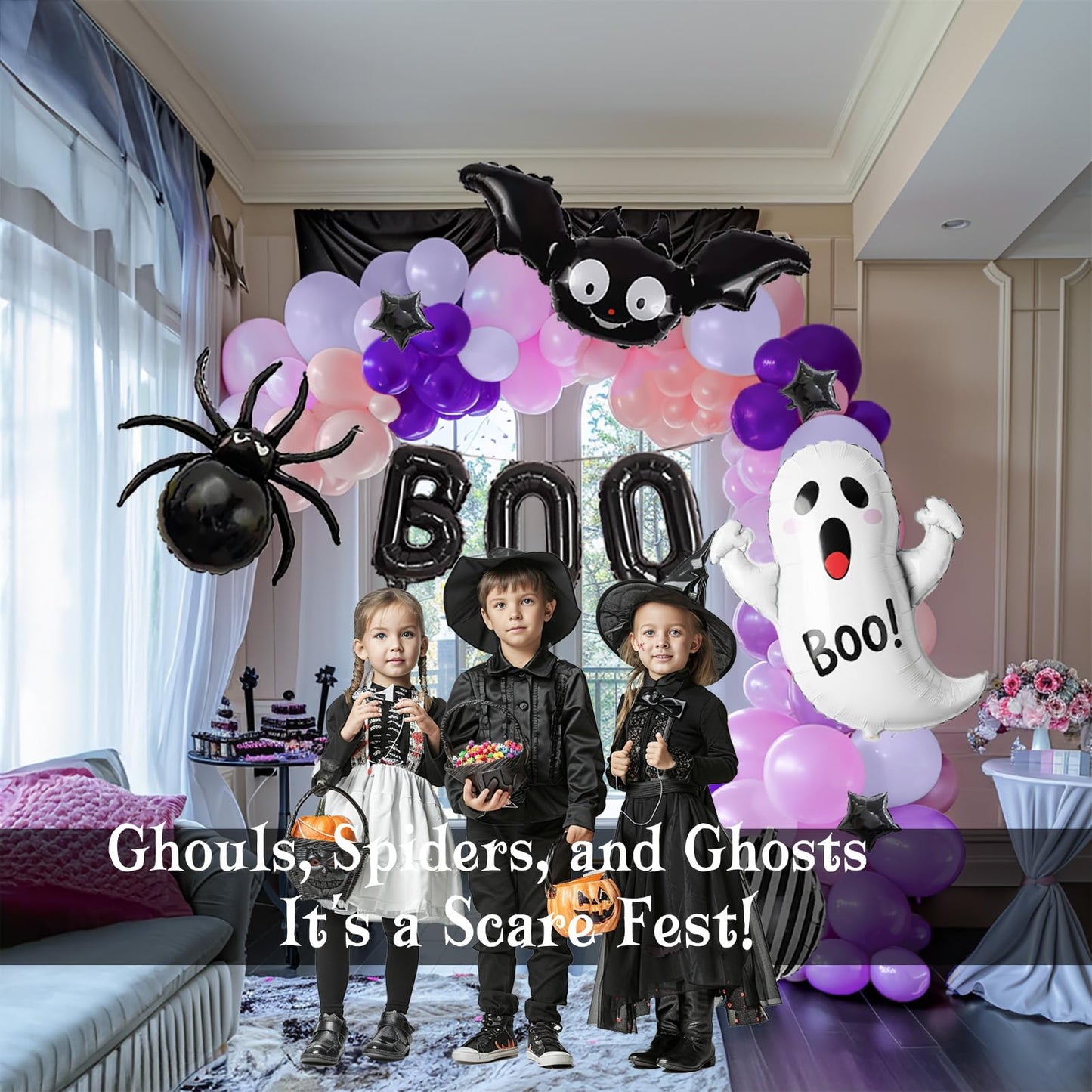 Halloween balloons Pink and Purple balloon garland arch kit 160pcs with BOO ghost spider bat mylar balloons for Halloween birthday baby shower spooky one happy boo day party decorations