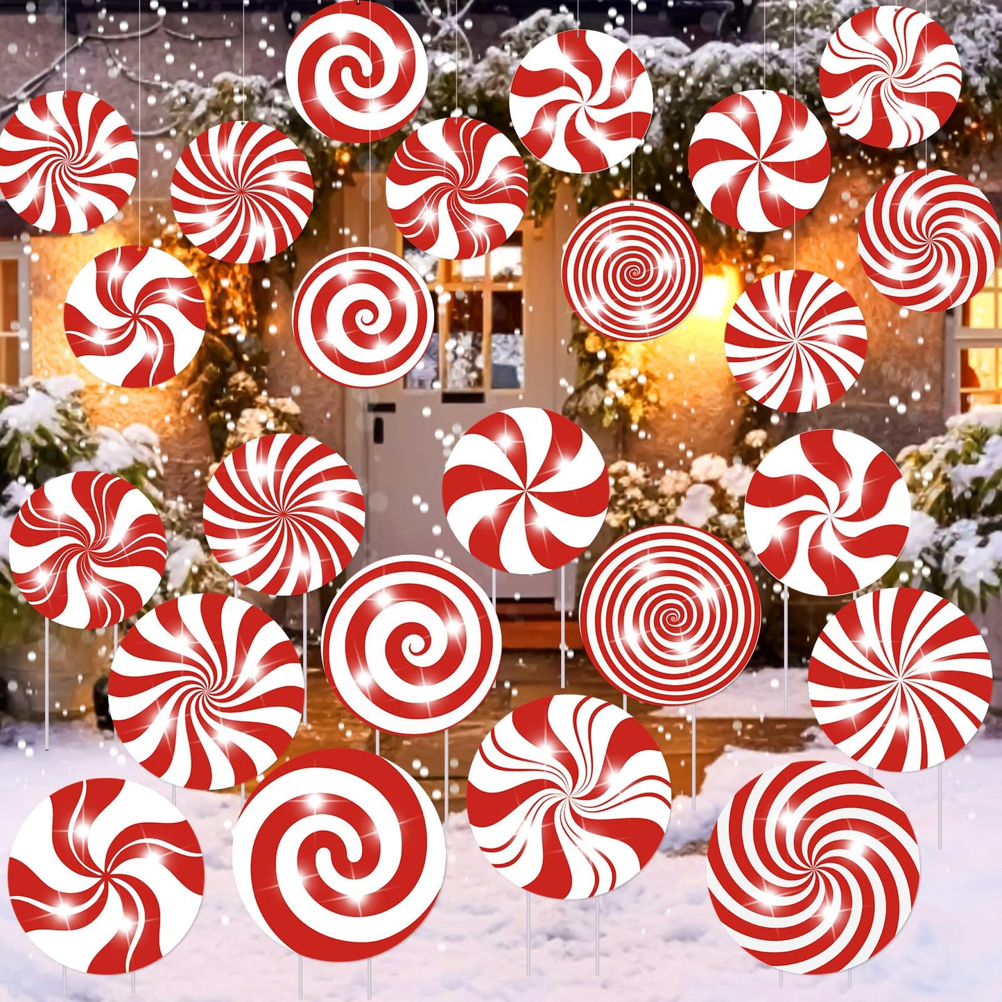 Huwena 24 Pcs Christmas Outdoor Decorations Hanging Ornaments Peppermint Candy Yard Signs Double Sided Lawn Decorations Peppermint Ornaments for Xmas(Classic Style)