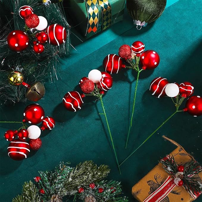 8 Pcs Red and White Christmas Tree Picks 7.87 Inch Christmas Balls Ornaments Xmas Hanging Decorations for Xmas Tree Topper DIY Wreath Holiday Floral Vase Fillers Crafts Home Decor