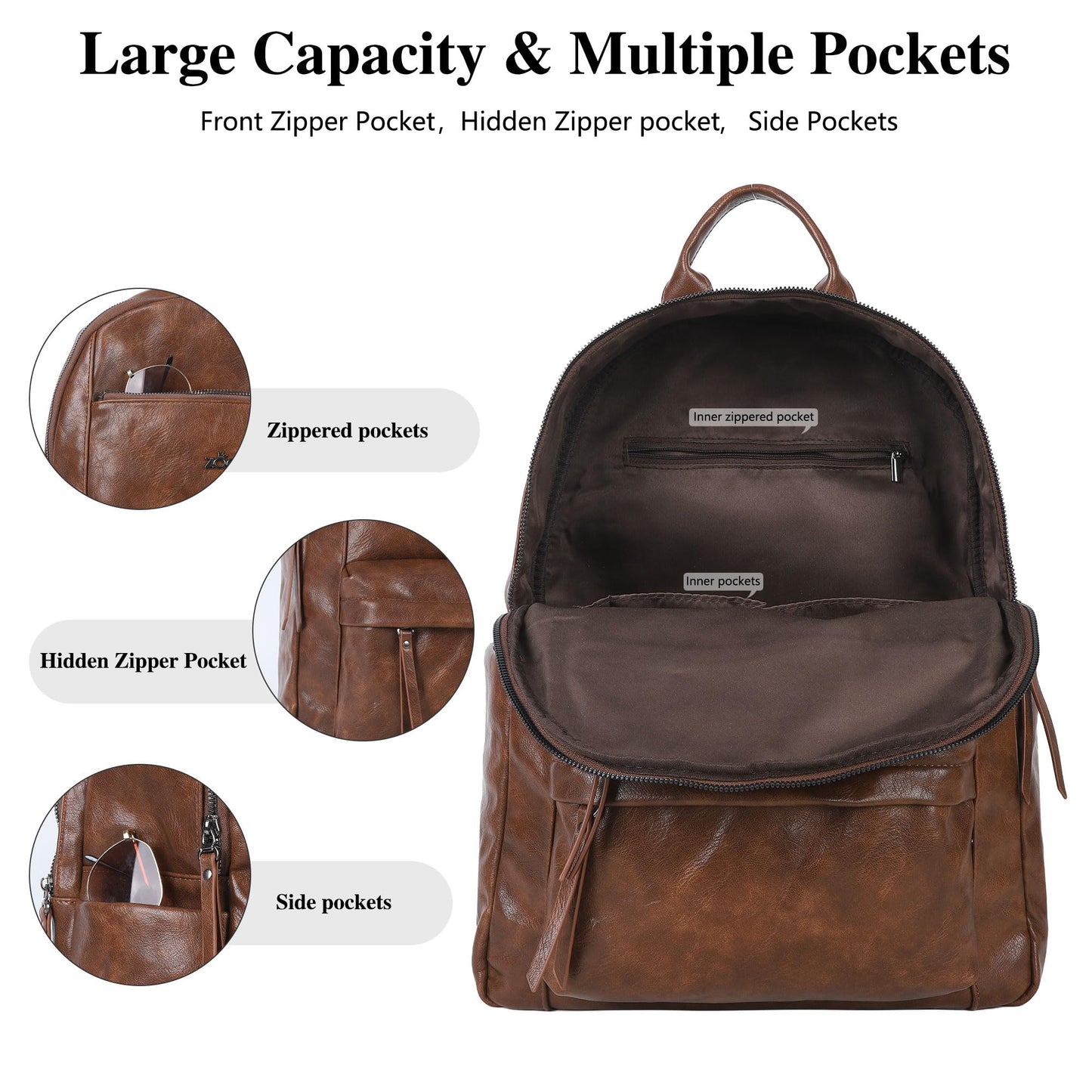 ZOCAI Large Leather Backpack Purse for Women – Vegan Retro Leather Travel Backpack for Women with Compartment, Multiple Pockets Roomy Large Capacity Daypack for Work Traveling.