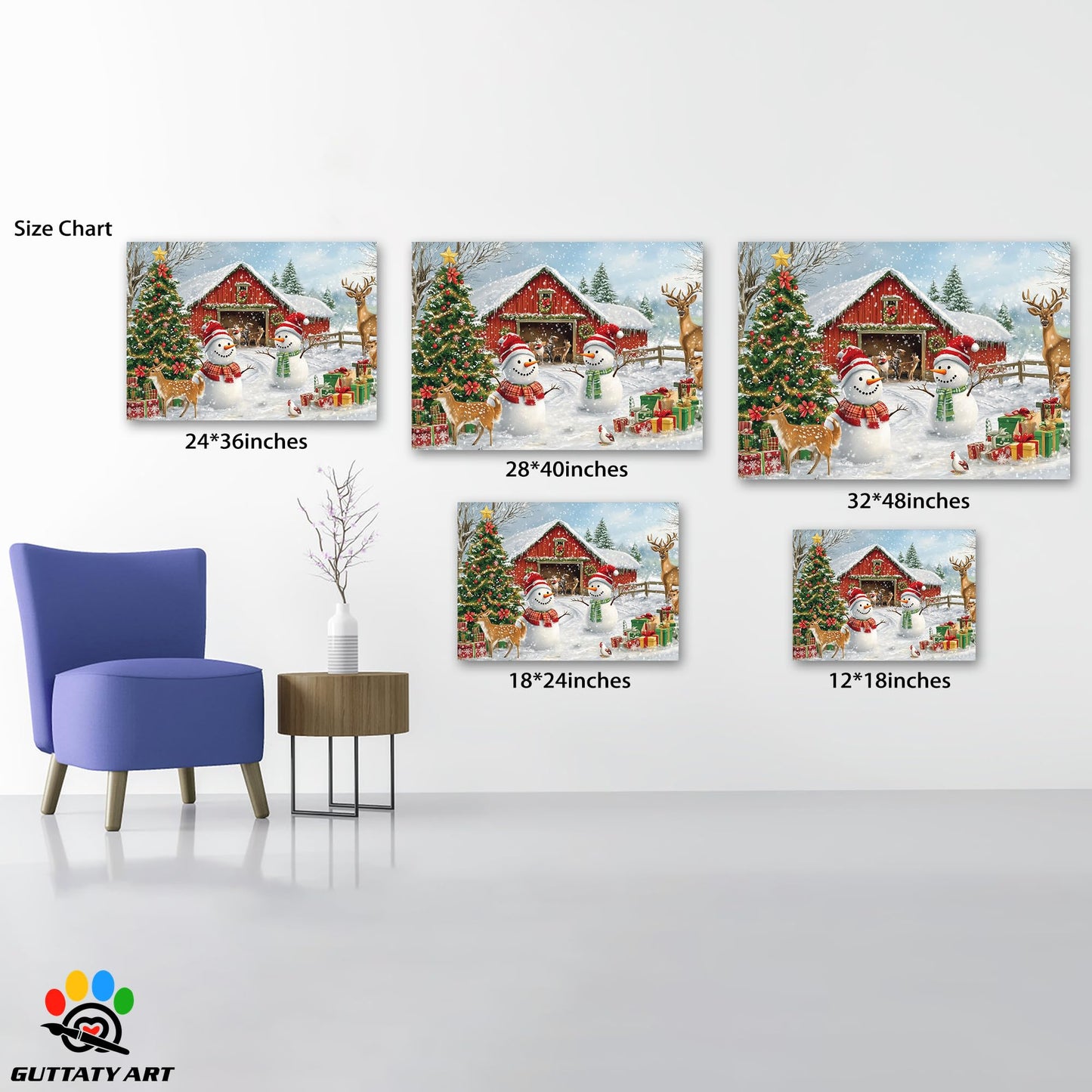 GUTTATY Christmas Canvas Wall Decor, Snowman Christmas Pictures Wall Art, Winter Farmhouse Pictures Prints, Deer Animal Pictures Posters Framed, Xmas Holiday Wall Decor for Living Room 18x24 Inch